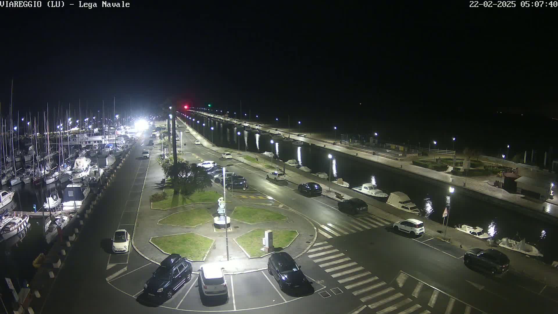 A nighttime aerial view of a marina with docked boats and cars parked along a roadway, under a clear, dark sky.