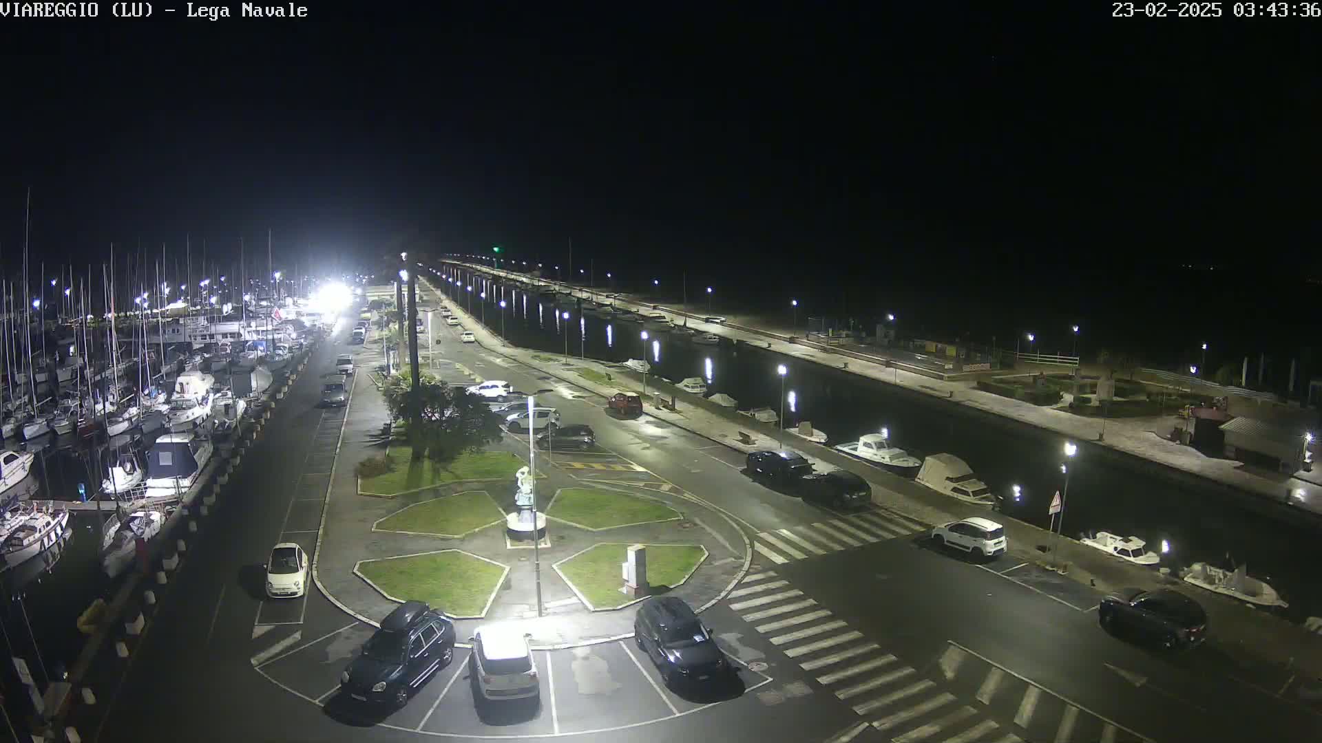 A nighttime aerial view of a marina with numerous boats docked, a roadway with parked cars, and a central plaza, all brightly lit under a clear, dark sky.