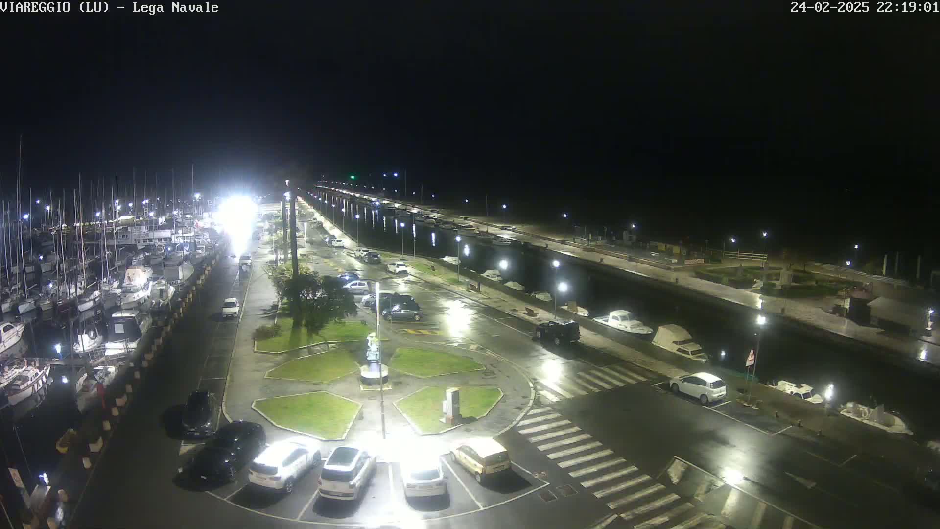 A nighttime, rain-slicked marina scene shows a line of docked boats, cars parked along a paved waterfront, and several small boats moored in the water.