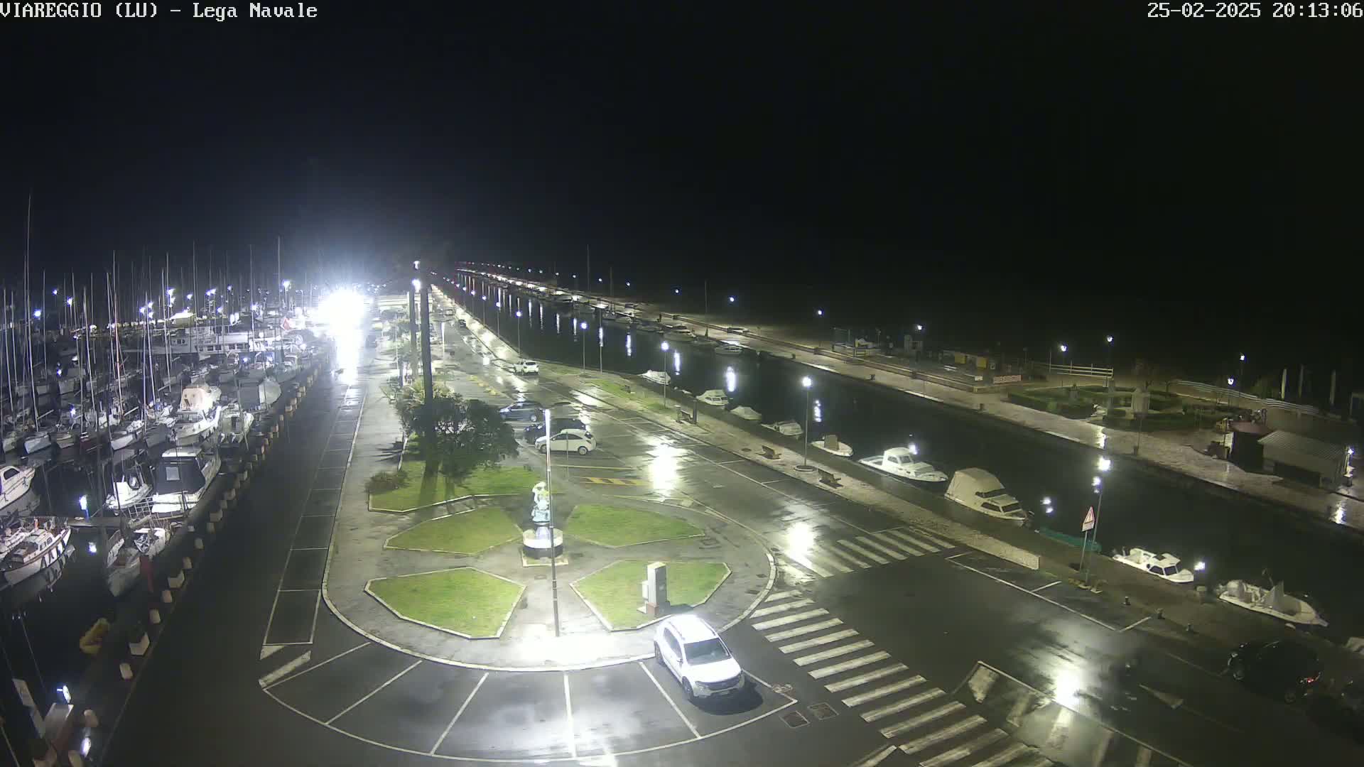 A wet, nighttime view of a marina with many boats docked, a roadway with parked cars, and a small roundabout in the center.