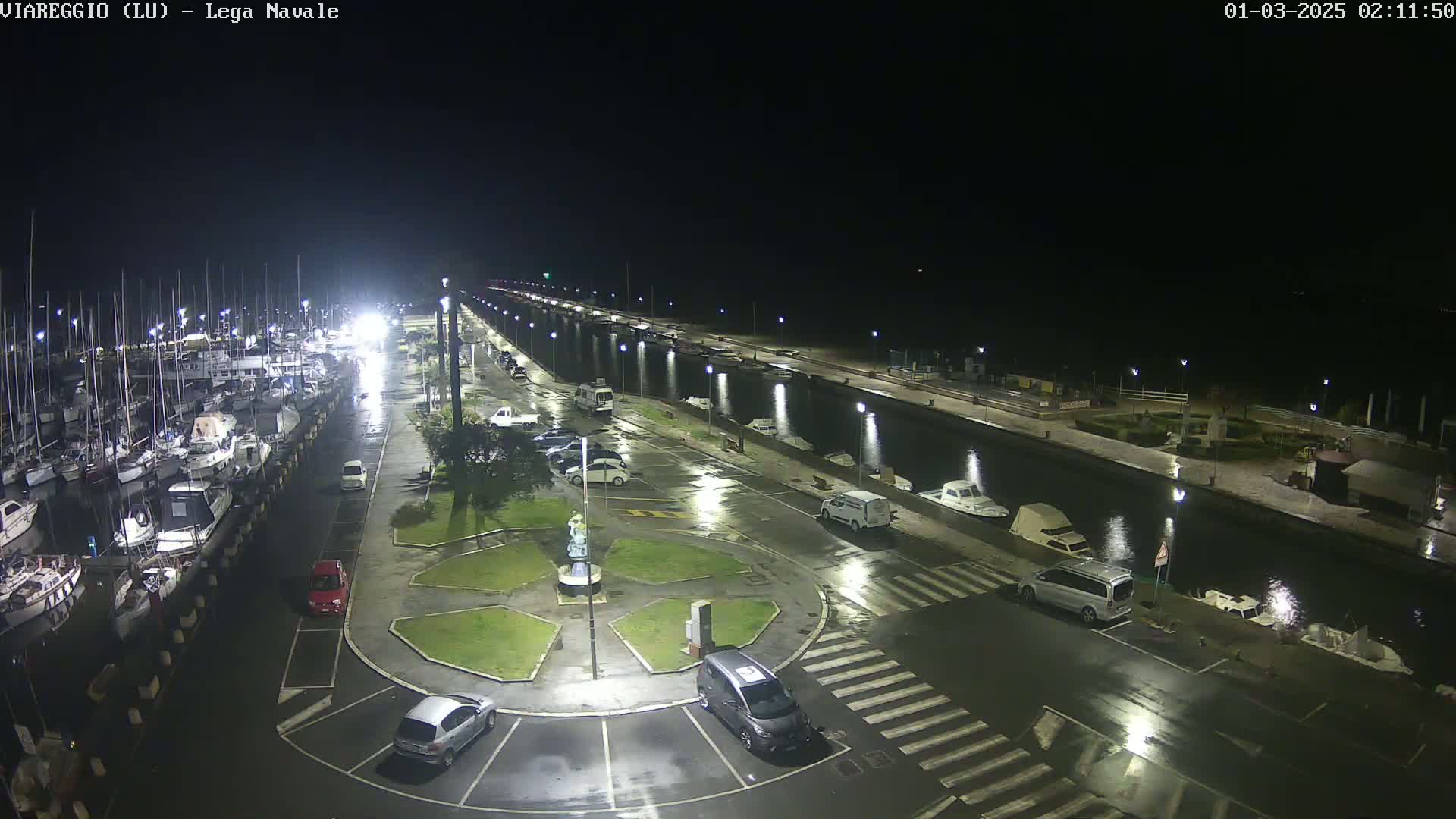 A nighttime view of a marina with numerous boats docked, a canal, and several cars parked in a wet parking lot under light rain.