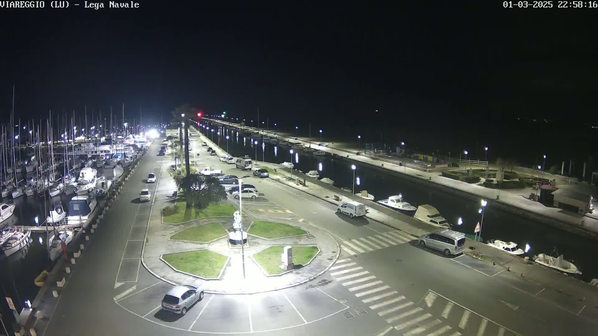 A nighttime aerial view of a marina with docked boats and cars parked in a surrounding lot, illuminated by streetlights.