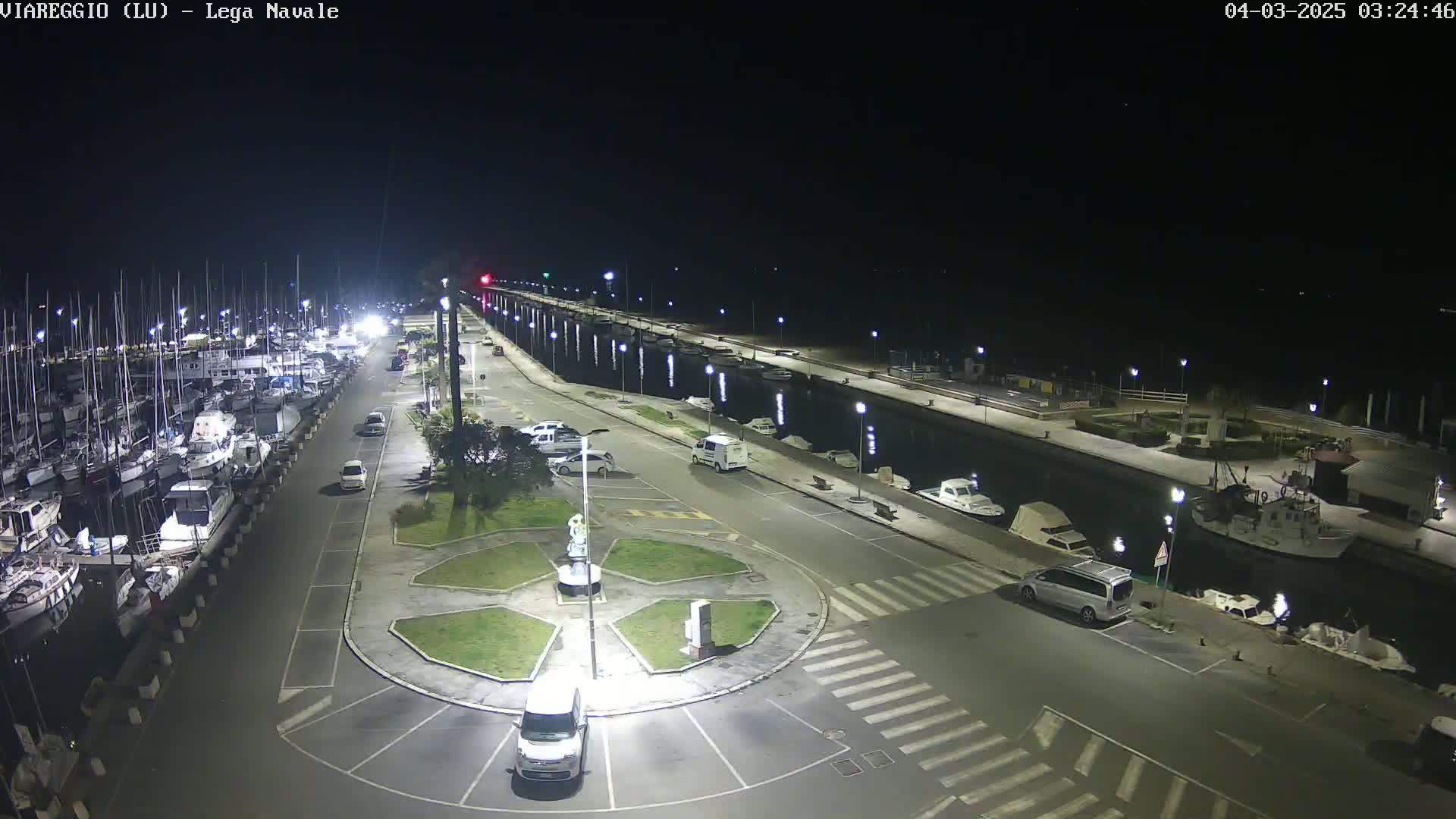 A nighttime aerial view of a marina filled with boats, a roadway with cars parked alongside, and a central roundabout.