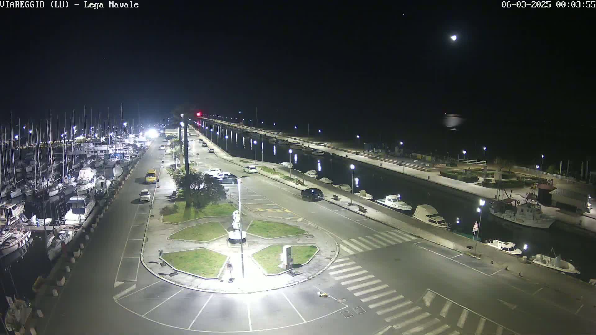 A nighttime view of a marina with numerous boats docked, a roadway with sparsely parked cars, and a central roundabout, all under a clear, moonlit sky.