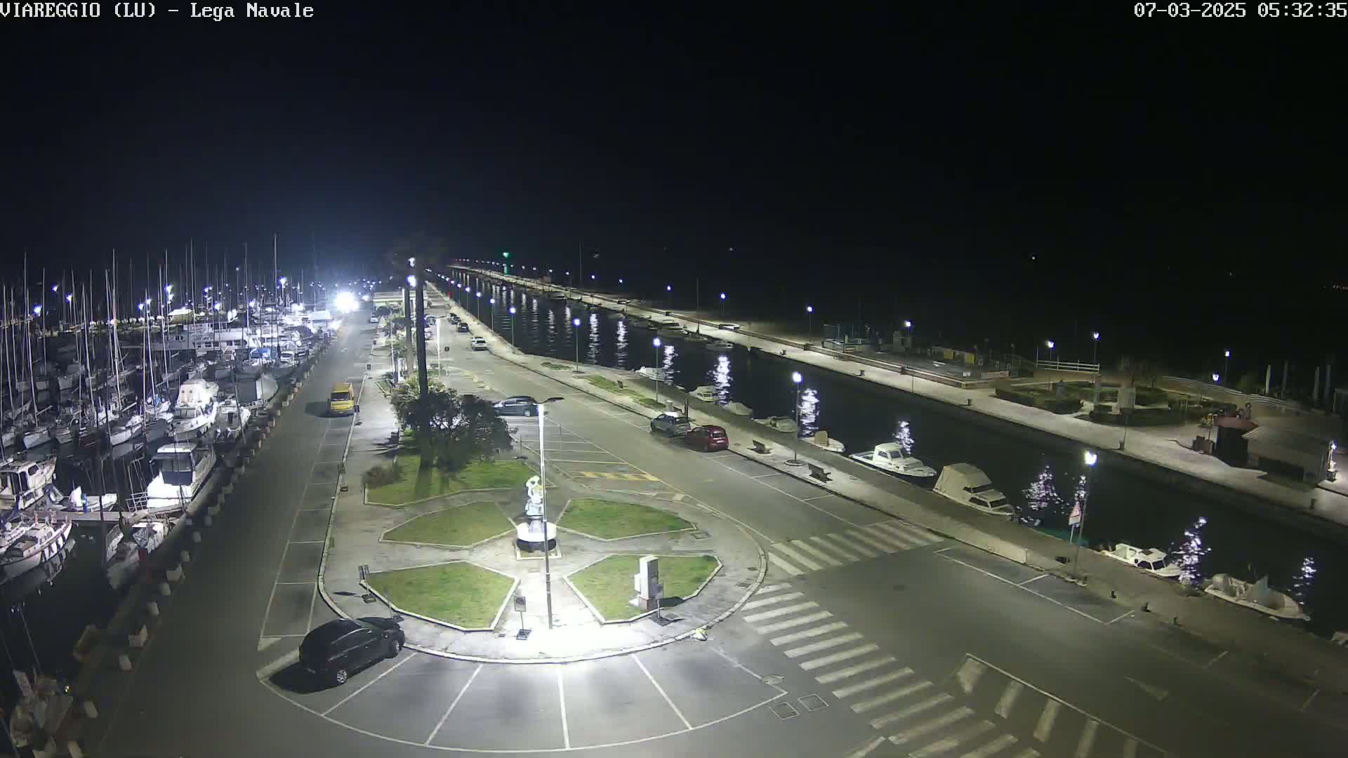 A nighttime aerial view of a marina with numerous boats docked, a roadway with parked cars, and a small roundabout in the center, all illuminated by streetlights.