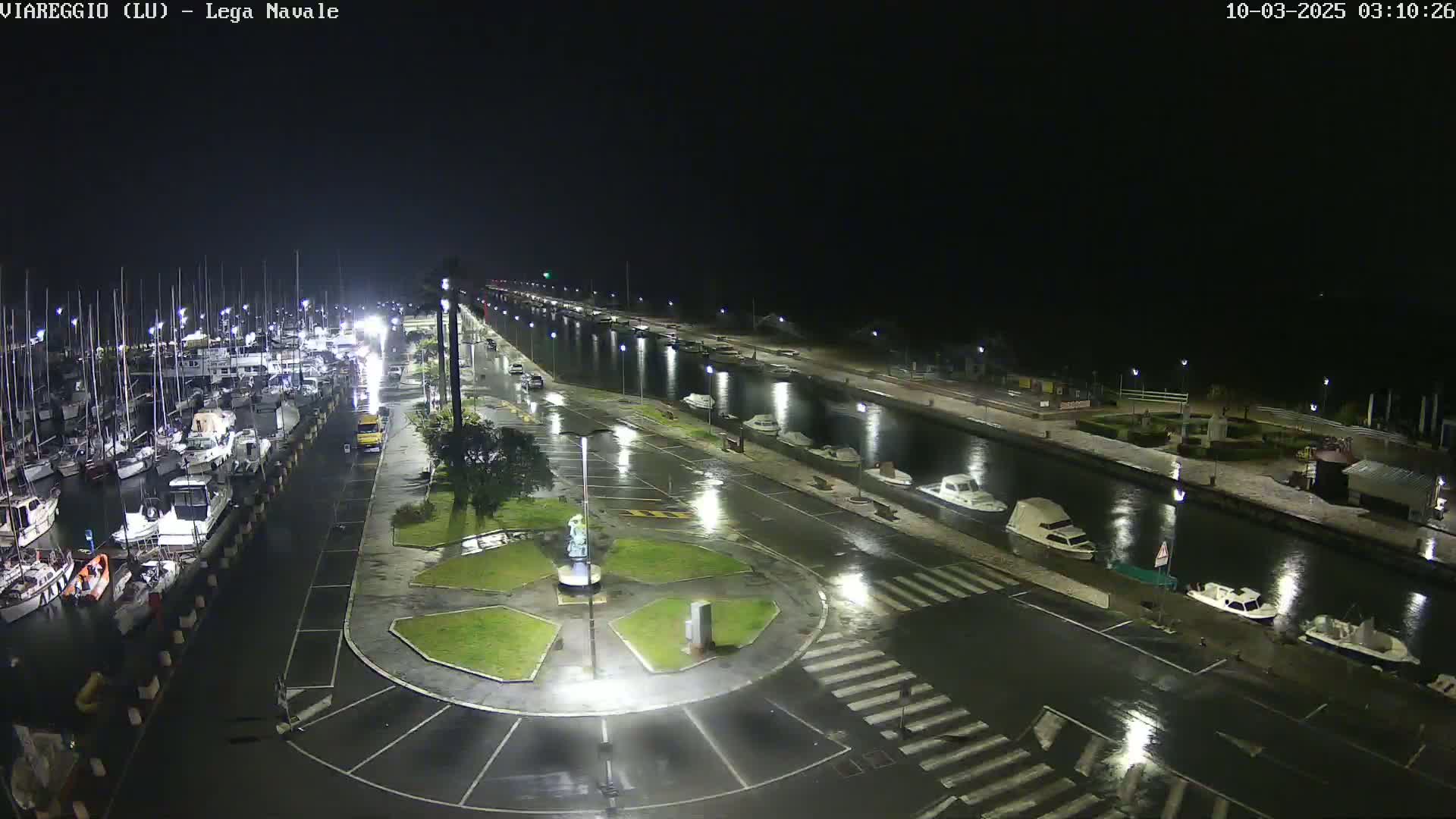 A nighttime, rain-slicked marina and canal are visible, filled with docked boats and cars parked along the roadway.