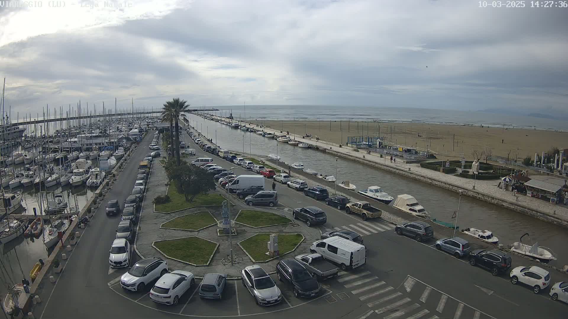 A marina filled with boats is adjacent to a sandy beach and calm ocean under an overcast sky, with cars parked in a lot separating the two.