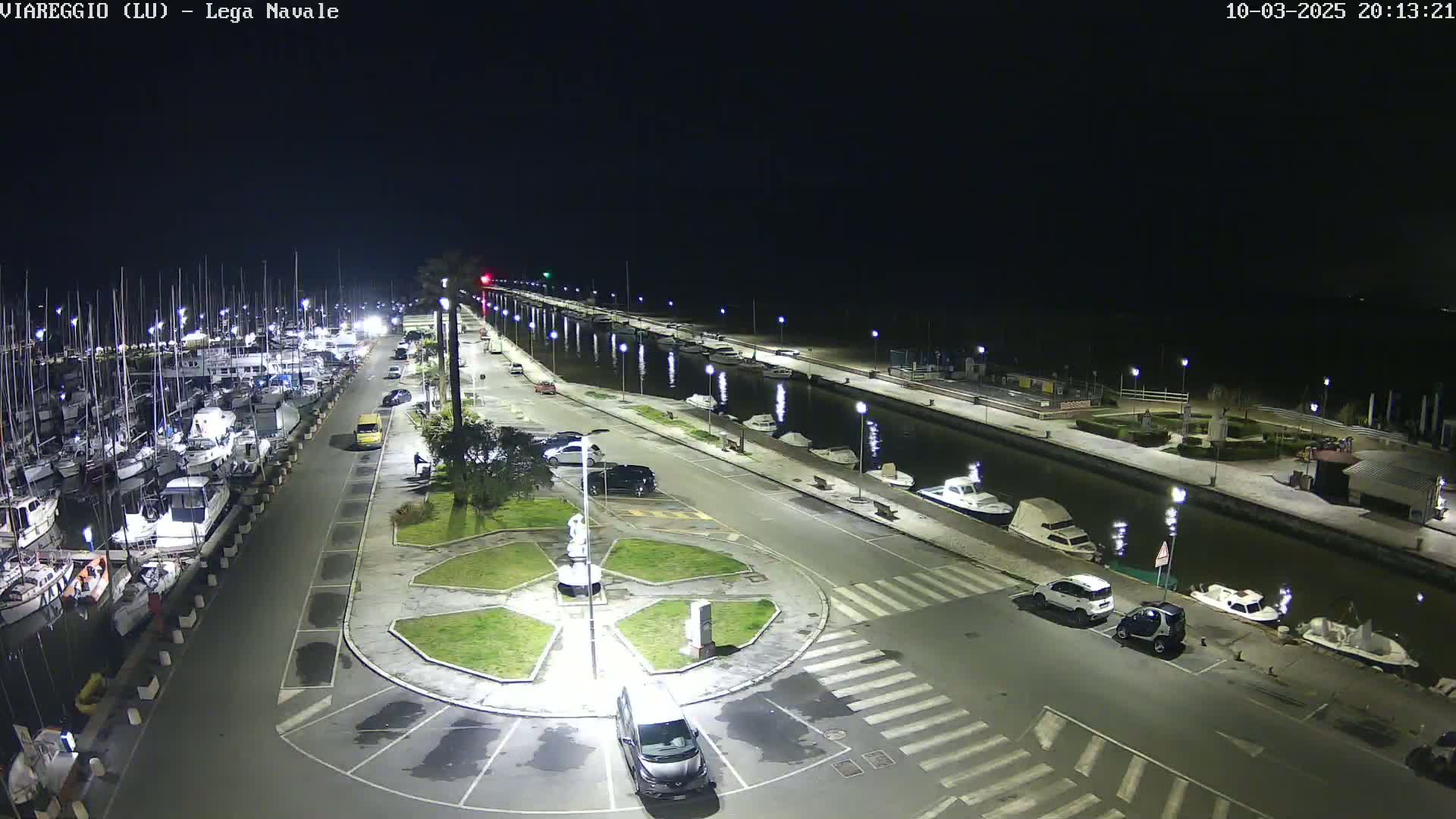 A nighttime view of a marina with numerous boats docked, a canal, and cars parked in a surrounding lot, under clear skies.