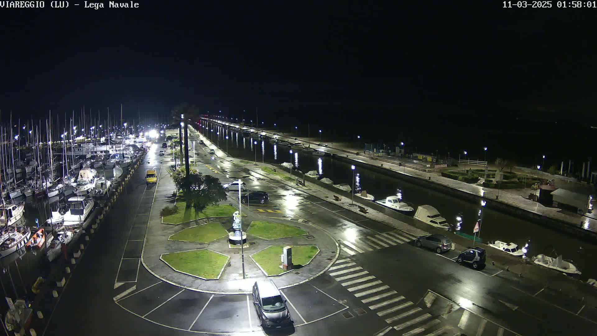 A wet, nighttime view of a marina with many docked boats and cars parked along a canal-side road.