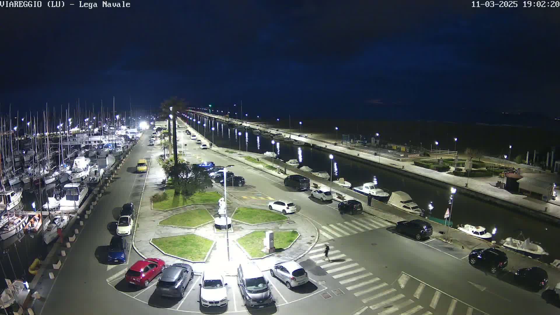 A nighttime aerial view shows a marina filled with boats, a canal, a parking lot with cars, and a beachfront under a dark sky.