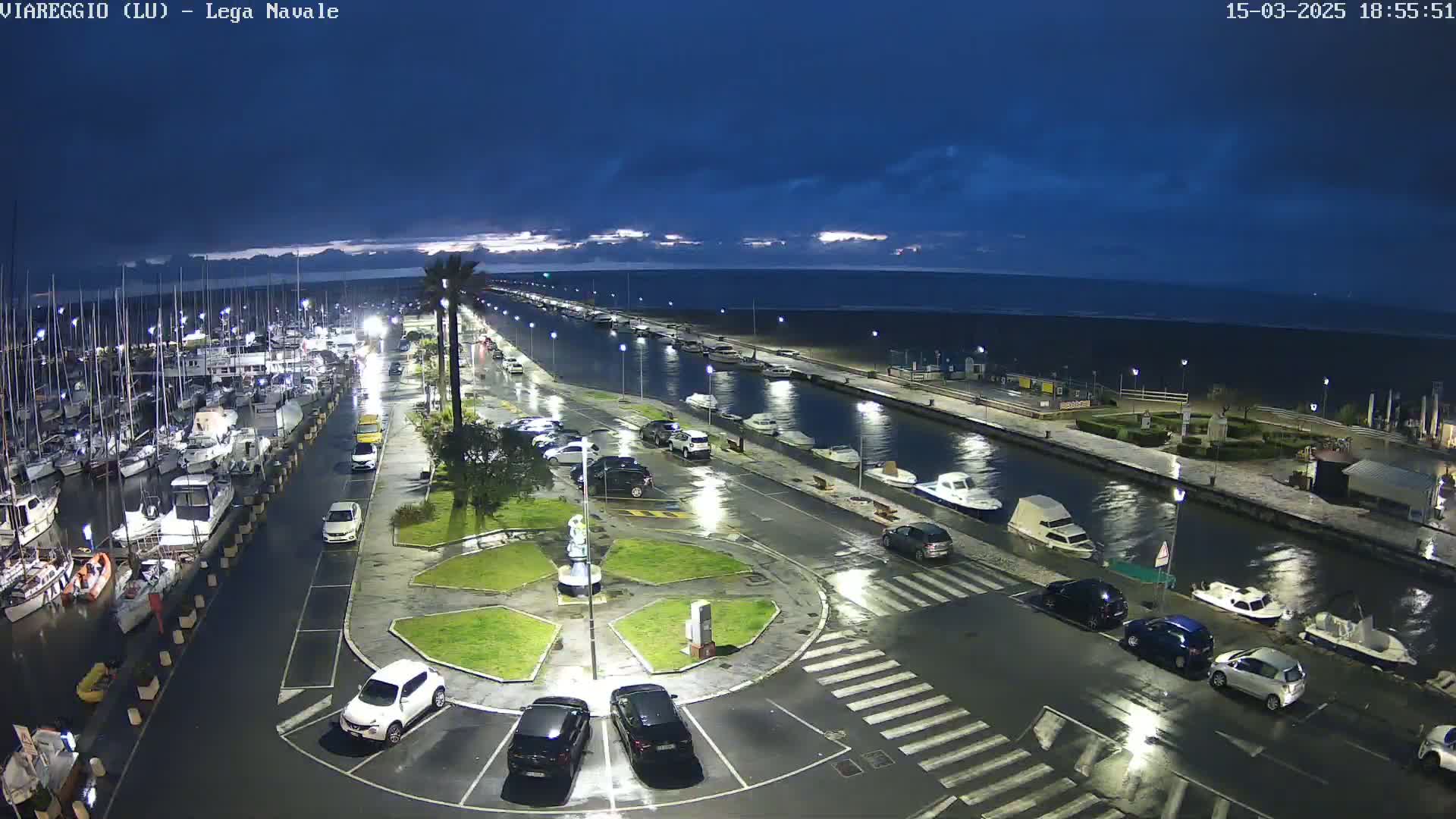 A wet marina at night with cars parked along a canal, boats moored in the harbor, and a dark, cloudy sky above.
