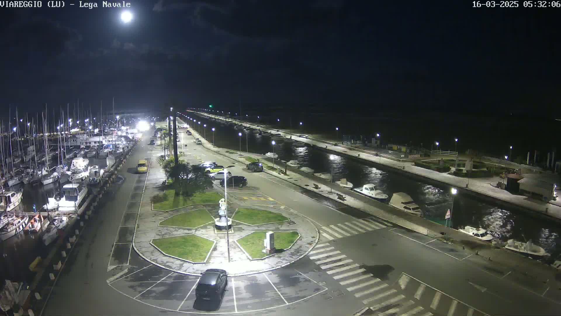 A nighttime aerial view of a marina with many boats docked, a roadway with parked cars, and a central roundabout with a statue, under a dark sky.