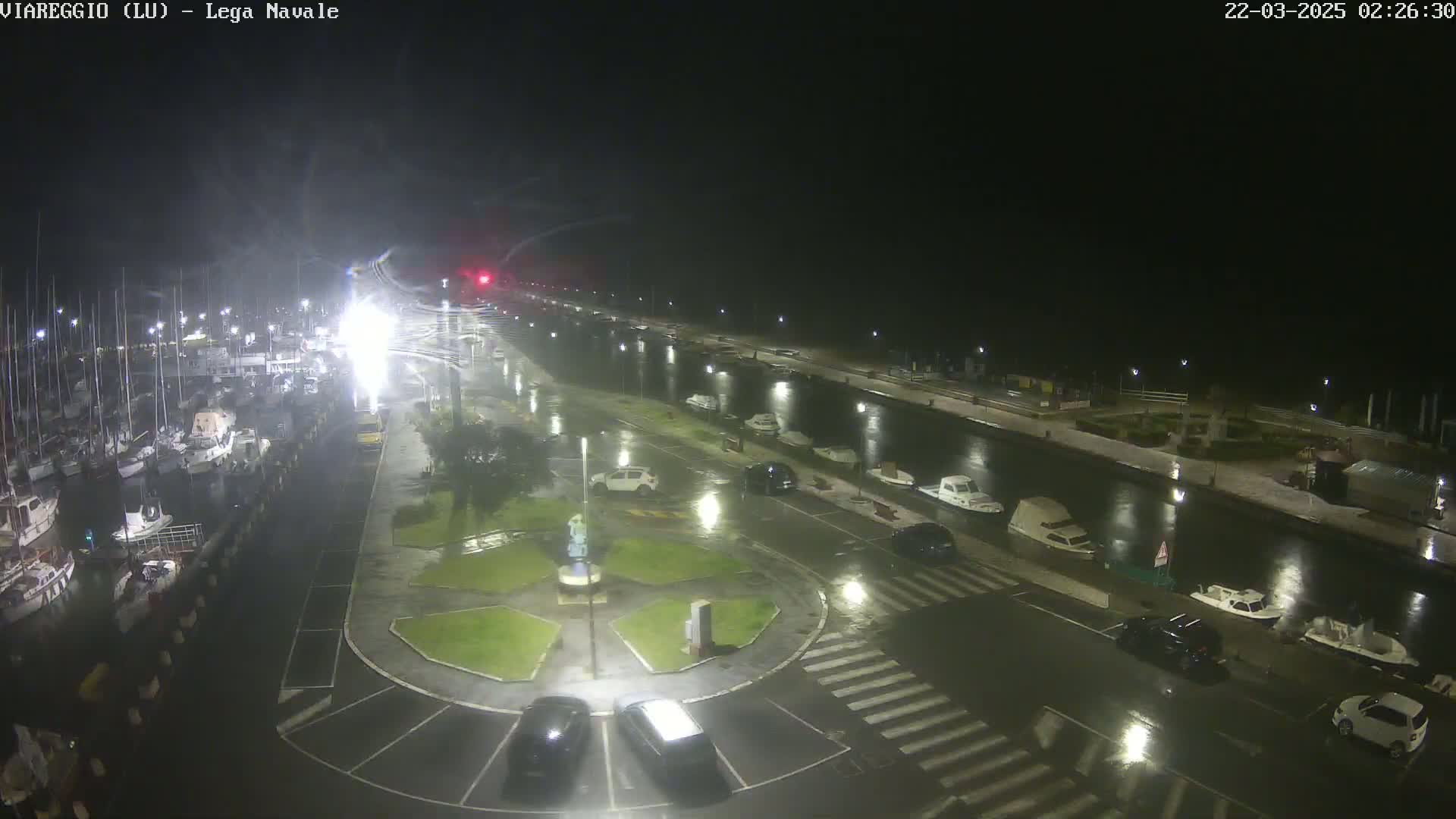 A nighttime, rain-slicked marina and roadway scene shows numerous docked boats, several cars parked and driving, and a small central plaza with a statue.