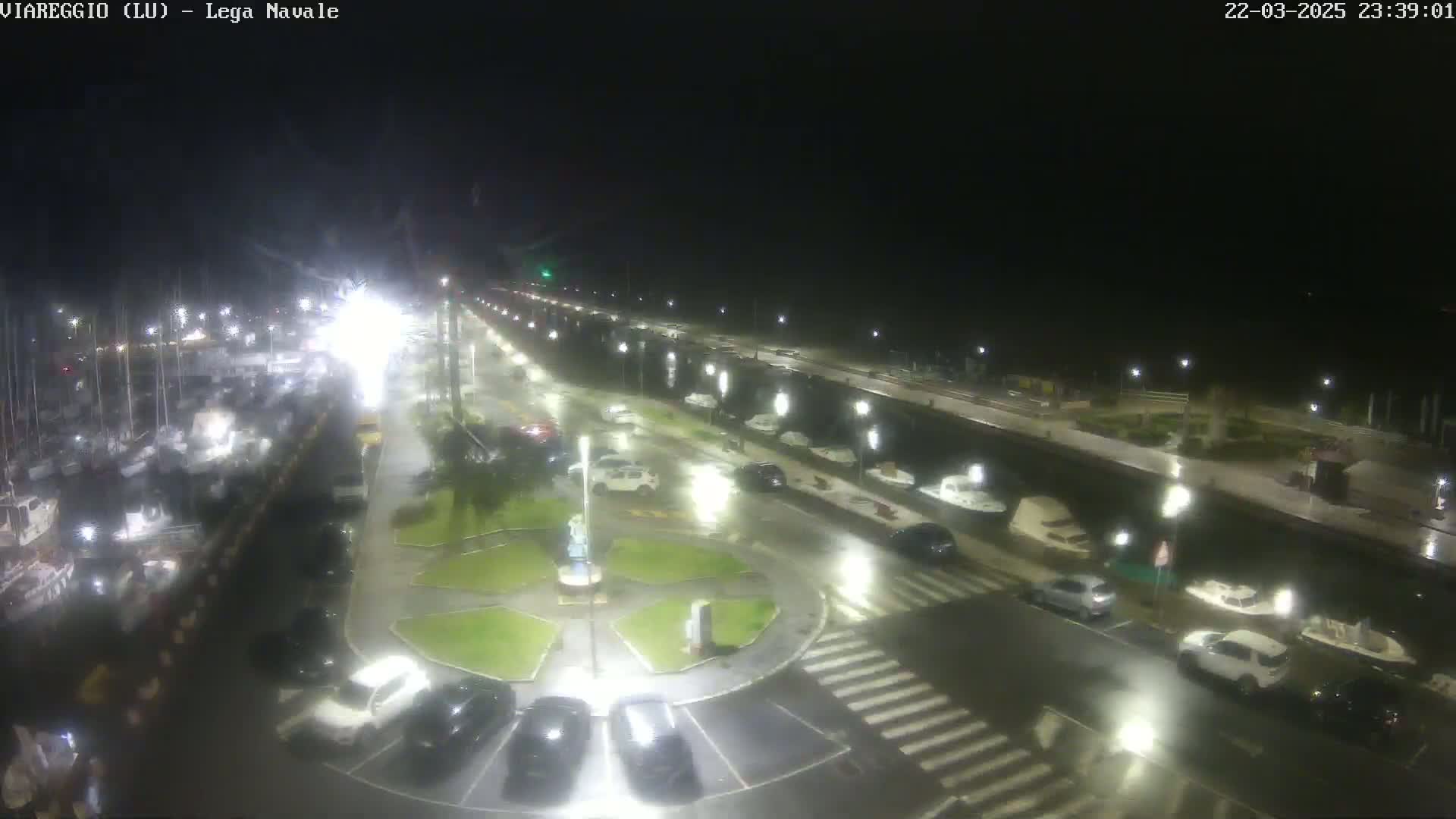 A nighttime view of a harbor with numerous boats docked, a roadway lined with cars and streetlights, and a circular plaza in the foreground, all under rainy conditions.