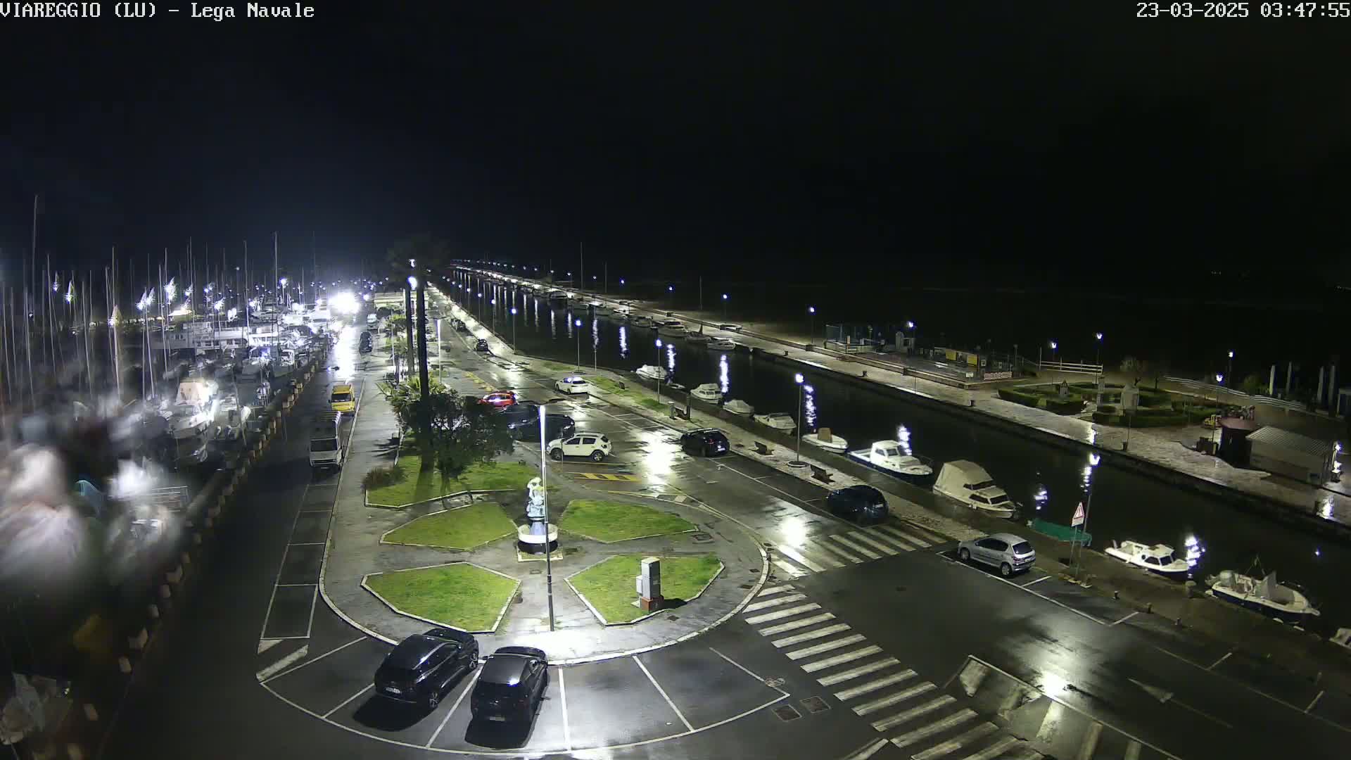 A nighttime, wet marina scene shows a harbor filled with boats, cars parked along a roadway, and a small roundabout with a statue in the center.