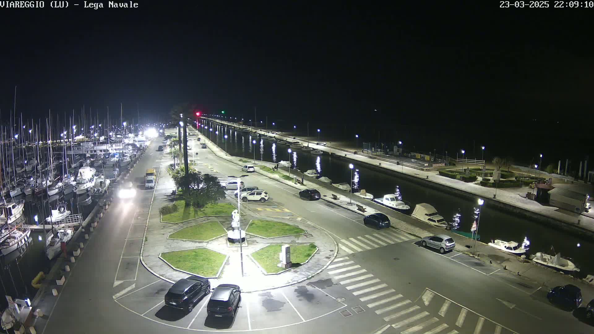 A nighttime aerial view of a marina with docked boats and cars parked along a canal-side road, under clear skies.