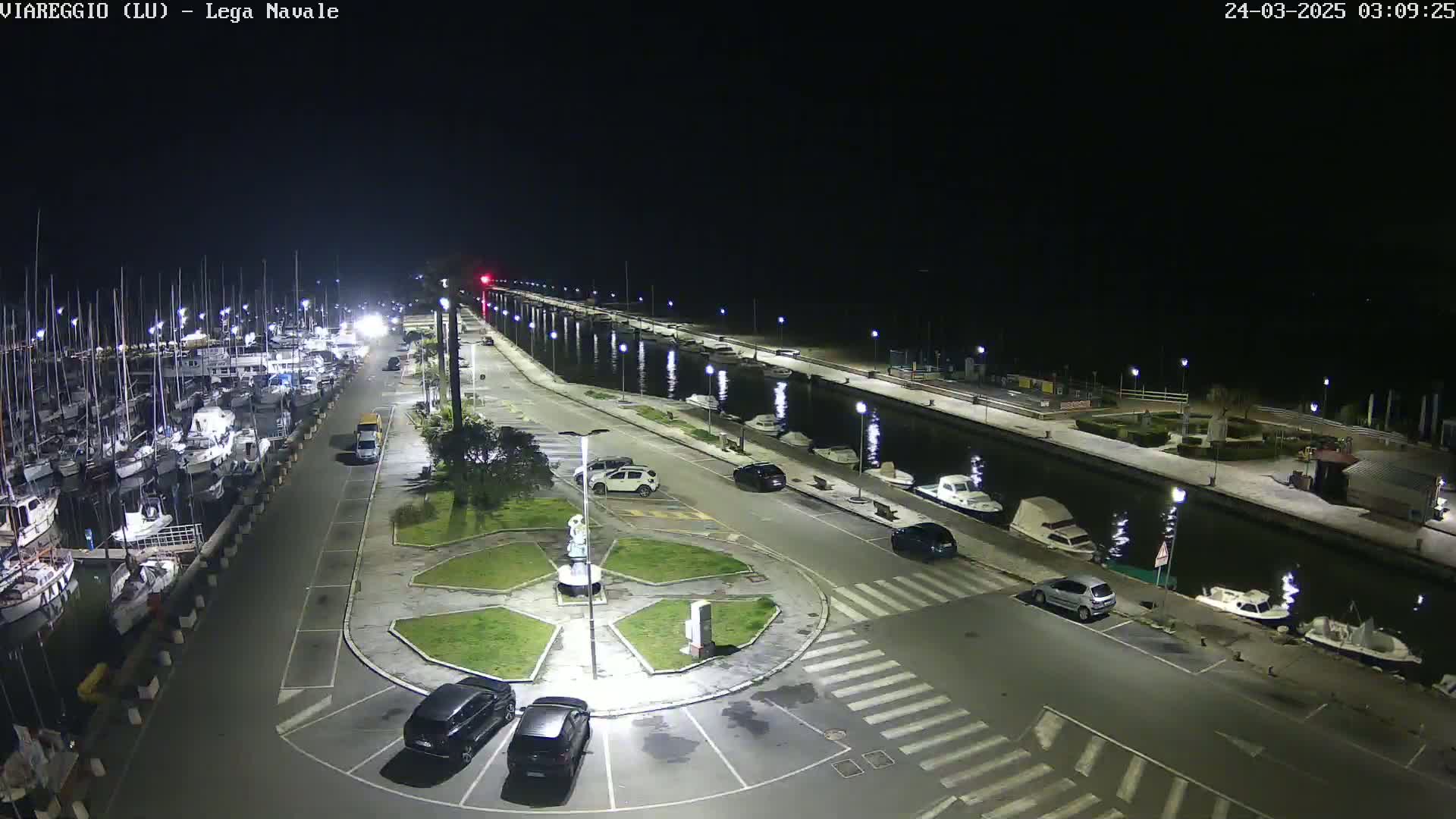 A nighttime aerial view of a marina with numerous boats docked alongside a paved waterfront area containing parked cars and a central circular plaza.