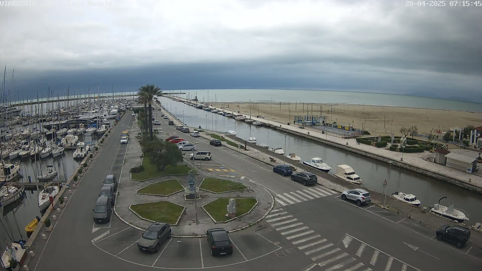 A harbor filled with boats is next to a road with parked cars, a canal, and a sandy beach under an overcast sky.