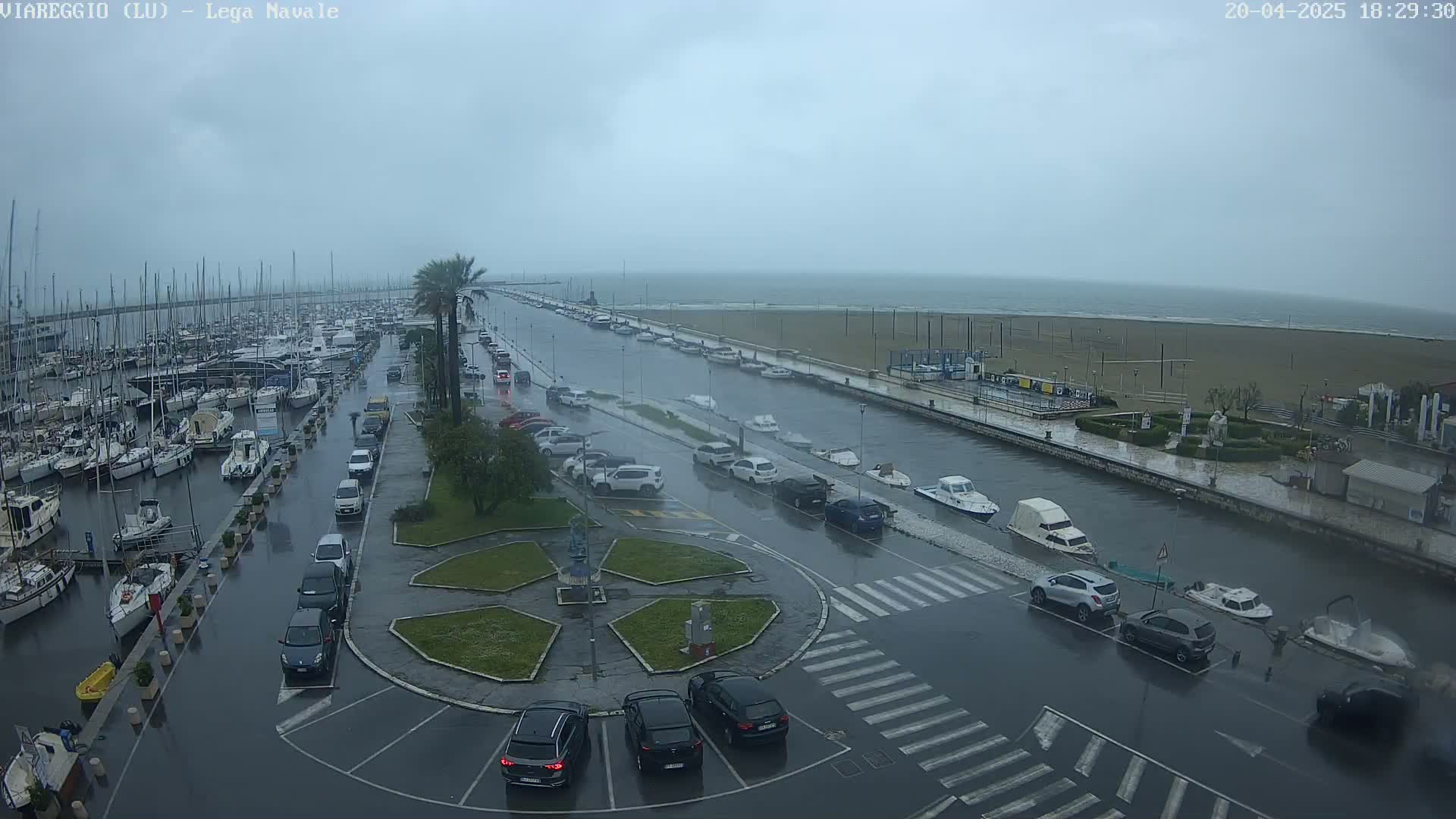 A rain-soaked marina and waterfront area shows numerous cars parked along flooded streets next to a harbor filled with boats, under a cloudy sky.