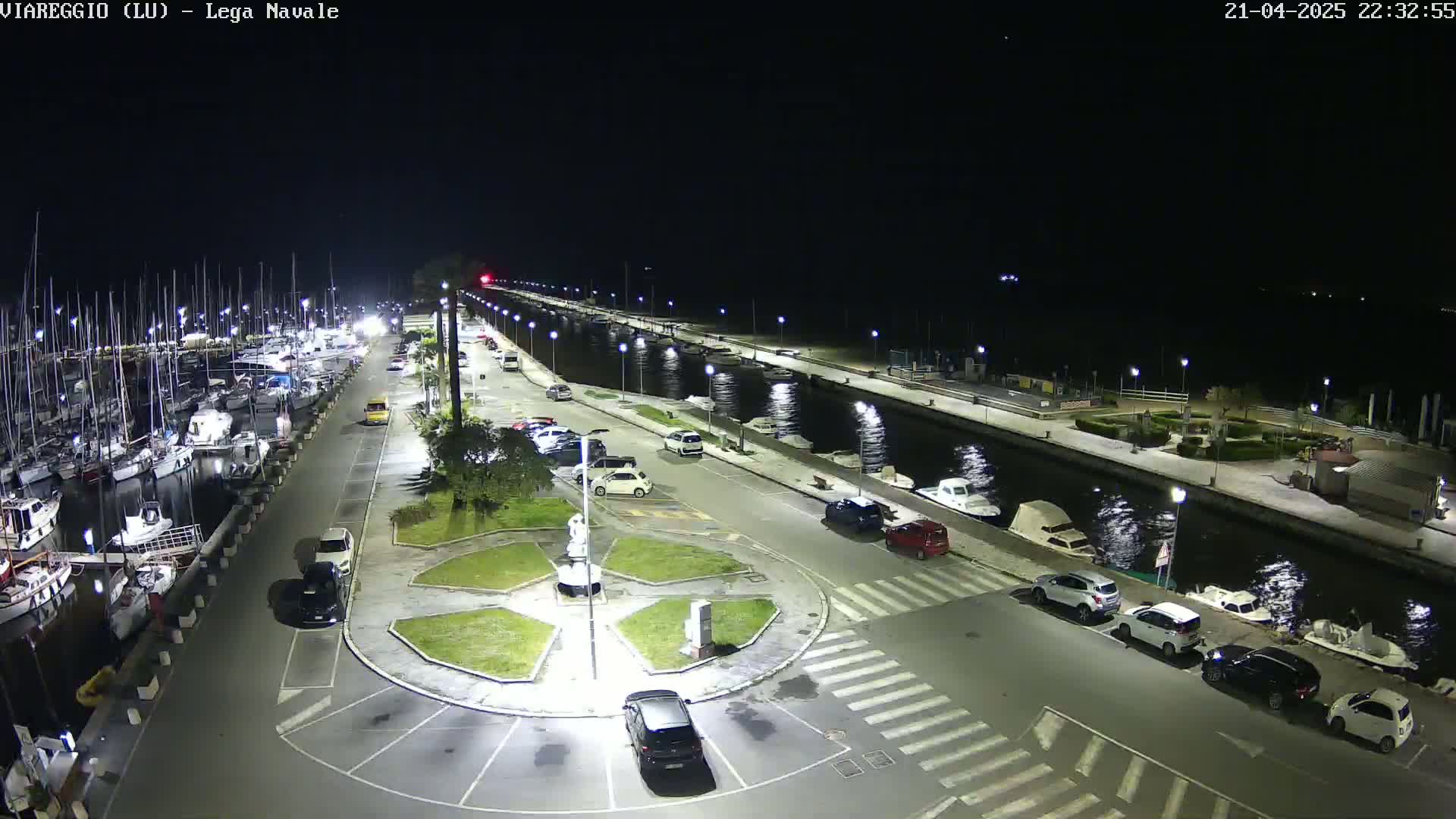 A nighttime aerial view of a marina with docked boats and cars parked along a canal-side road.