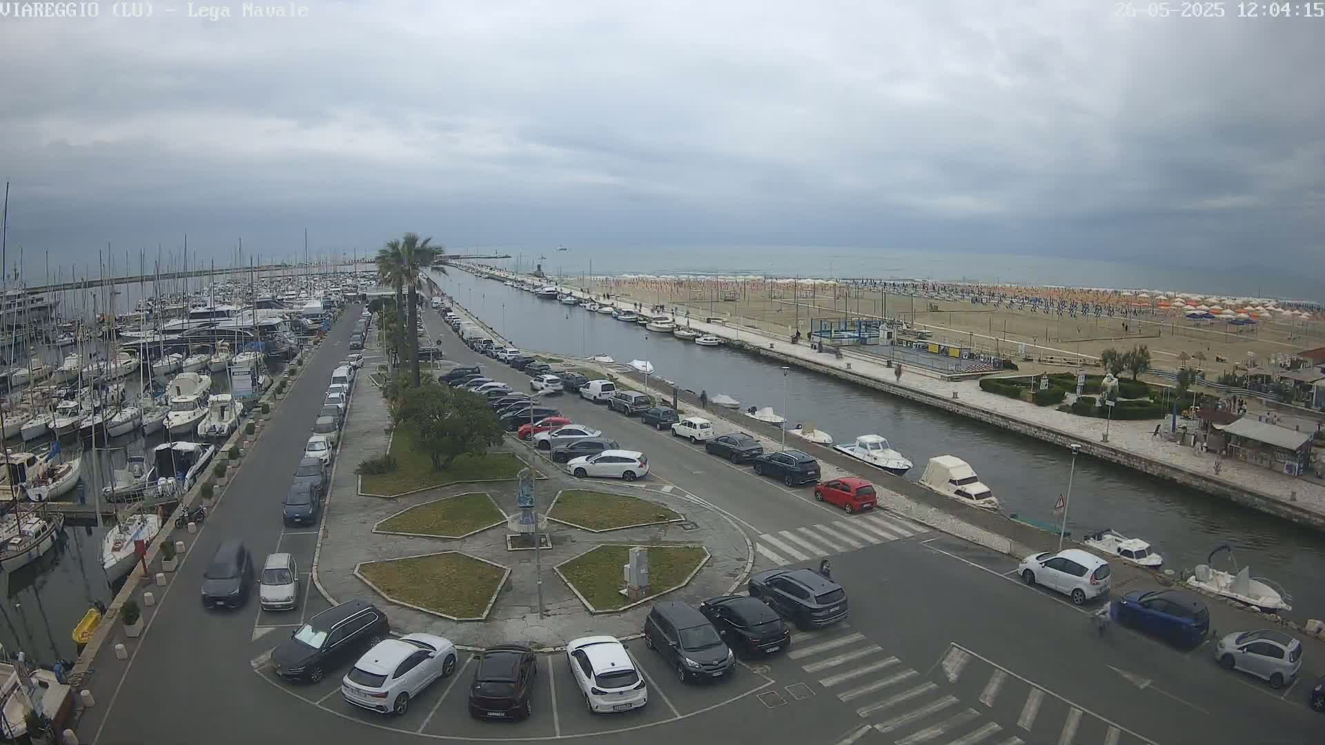 An overcast day shows a marina filled with boats, a canal, a beach with umbrellas, and a parking lot full of cars.