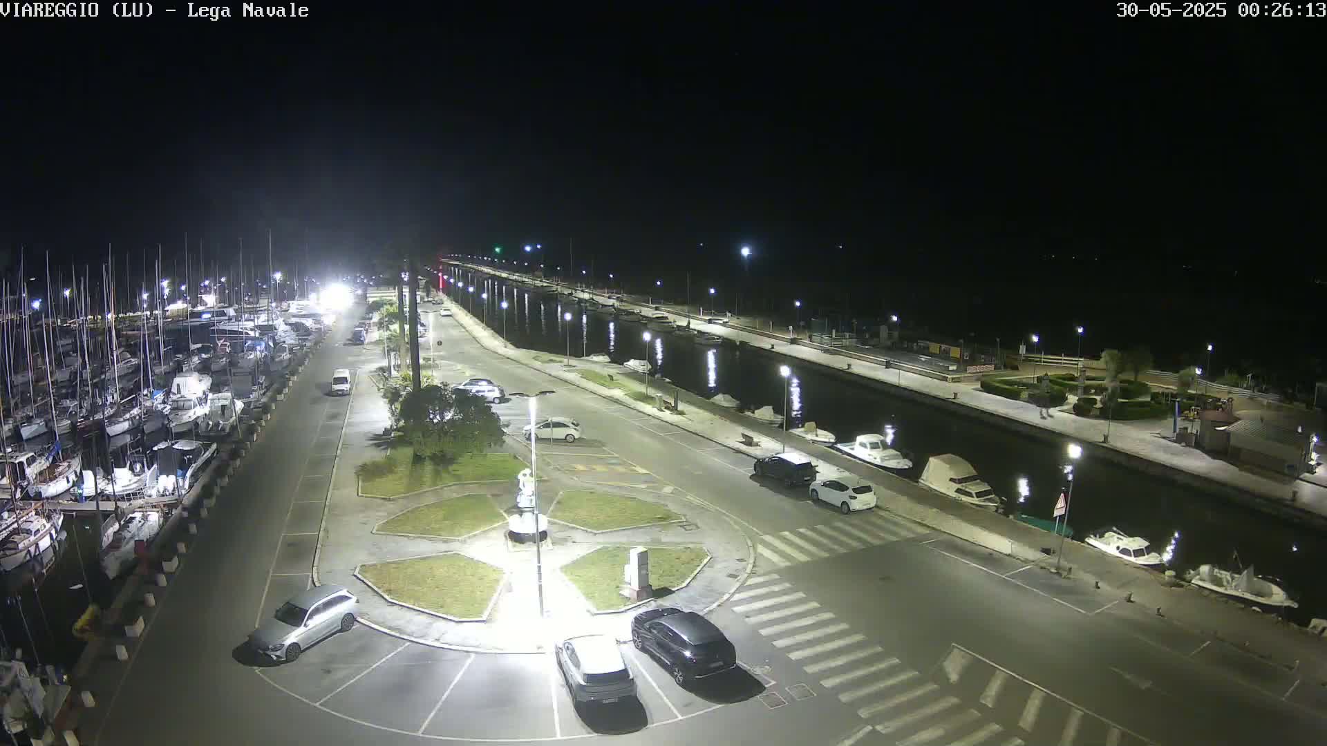 A nighttime view of a marina with boats docked along a canal, cars parked in a lot, and streetlights illuminating the scene.