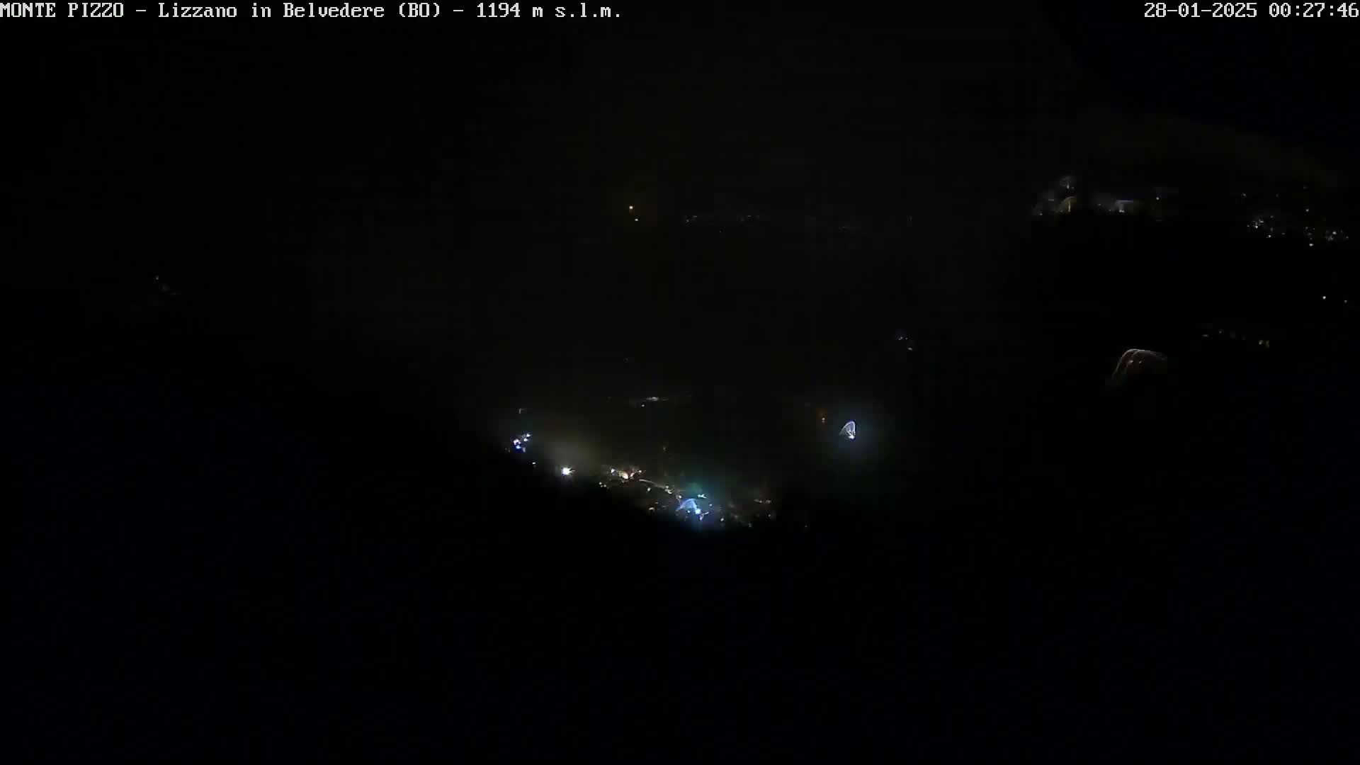A nighttime, high-angle, long shot shows a dimly lit town with scattered lights.