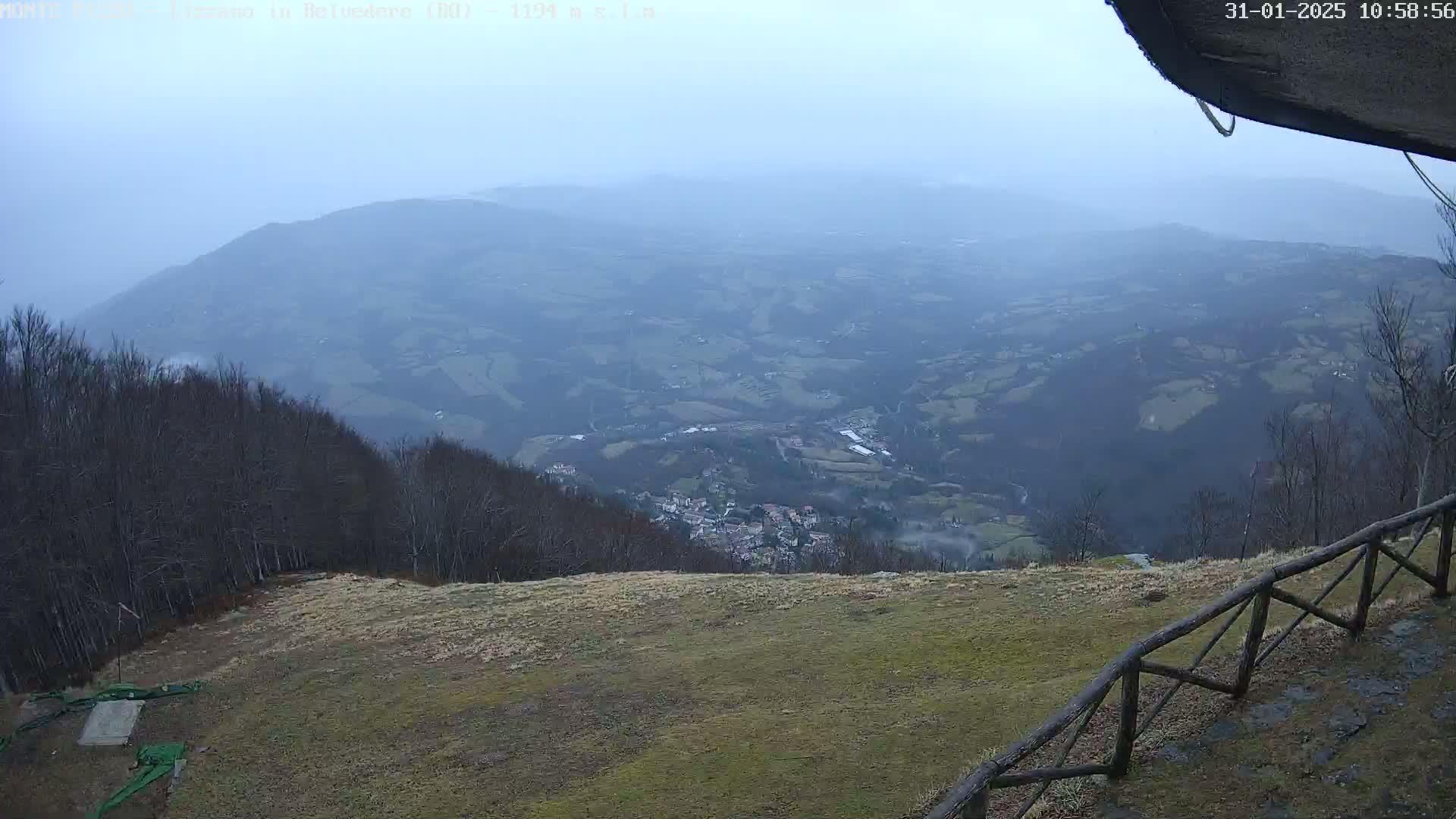 A hazy, overcast view from a high vantage point reveals a valley with a small town below, surrounded by bare winter trees and rolling hills.