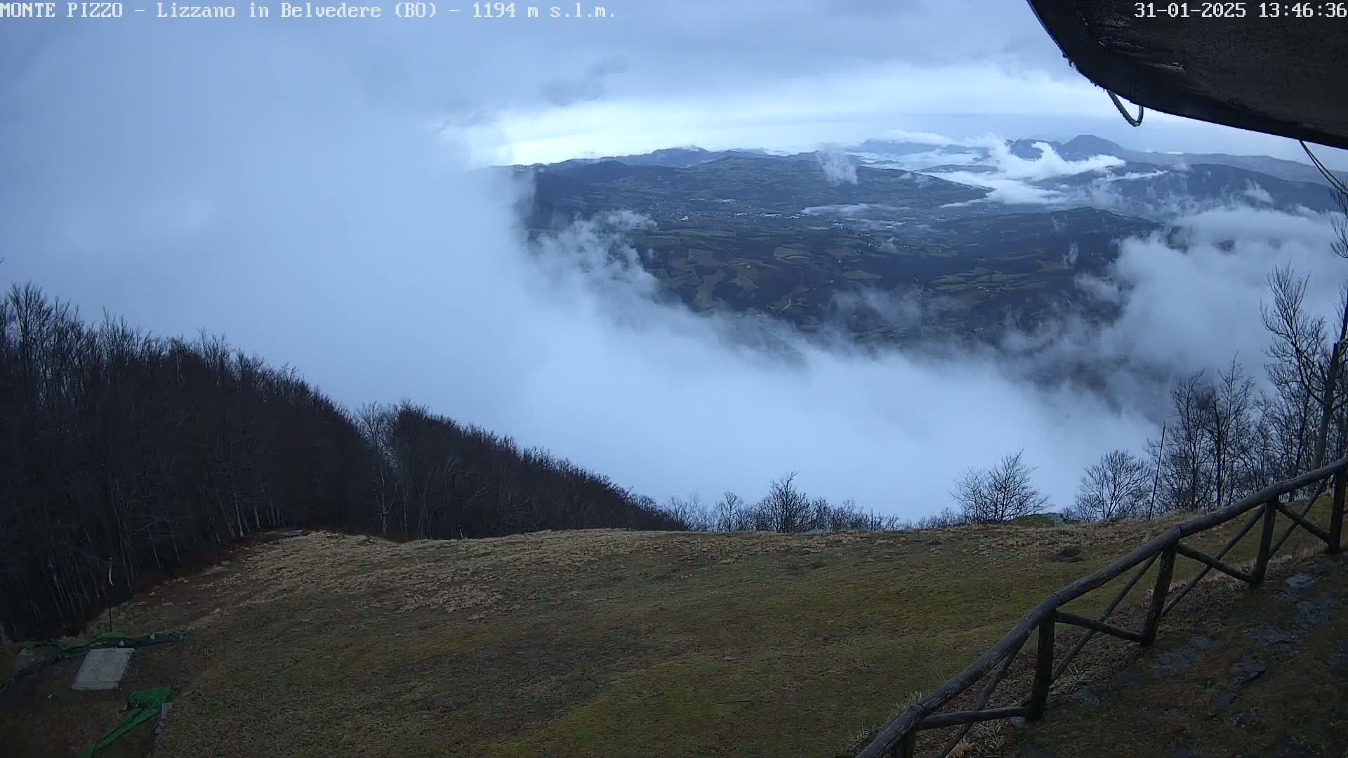 A high vantage point overlooking a valley shrouded in fog, with bare trees and a wooden fence in the foreground.