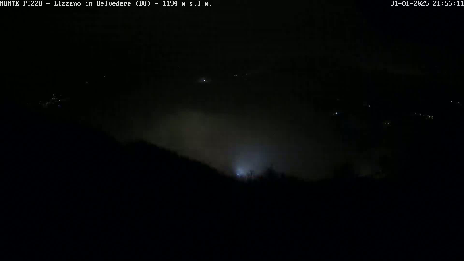 A nighttime long shot shows a hazy, dark landscape with faint lights in the distance under a dark sky.