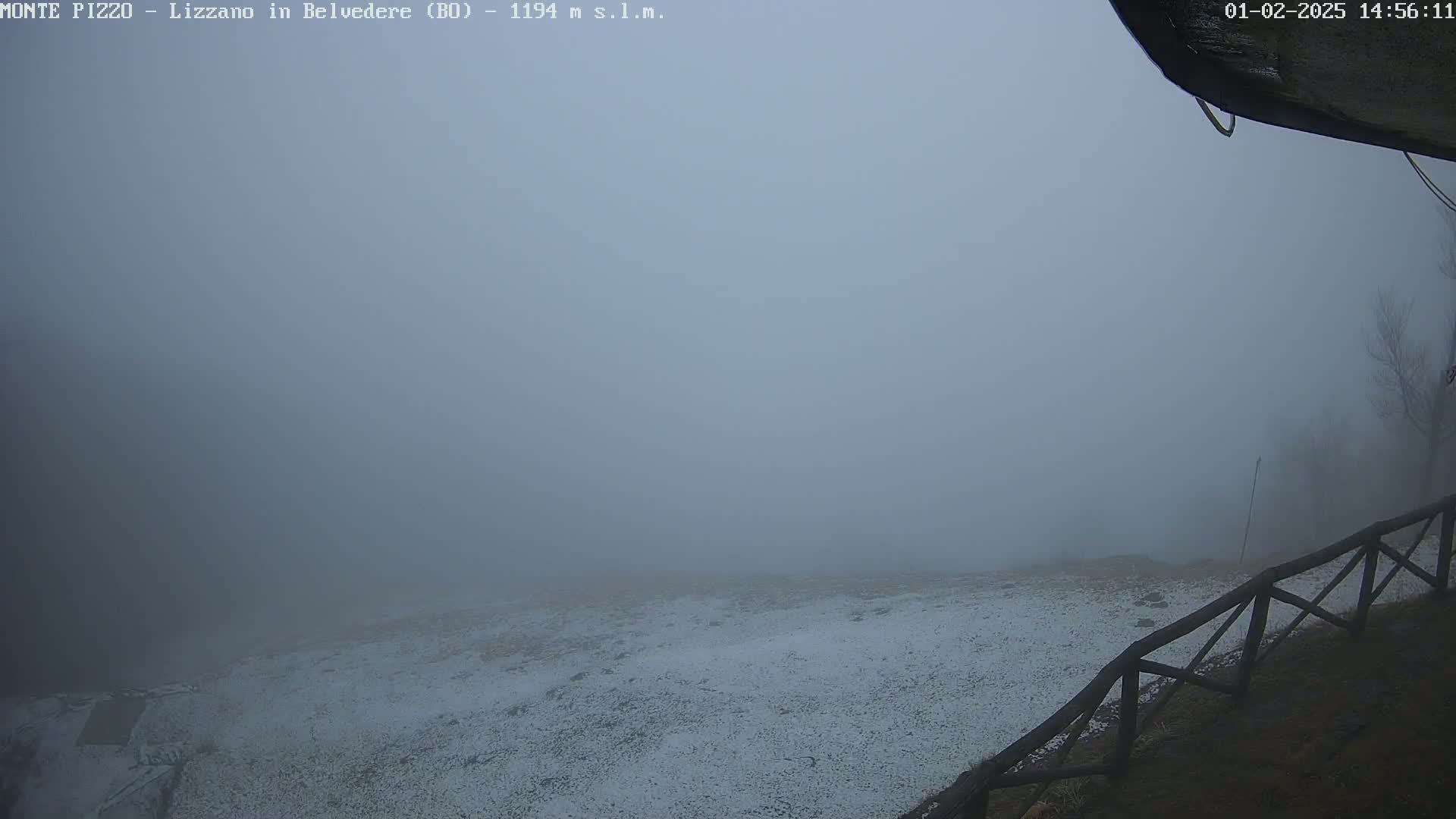 A snow-covered ground is visible through a dense fog, with a wooden fence in the foreground.
