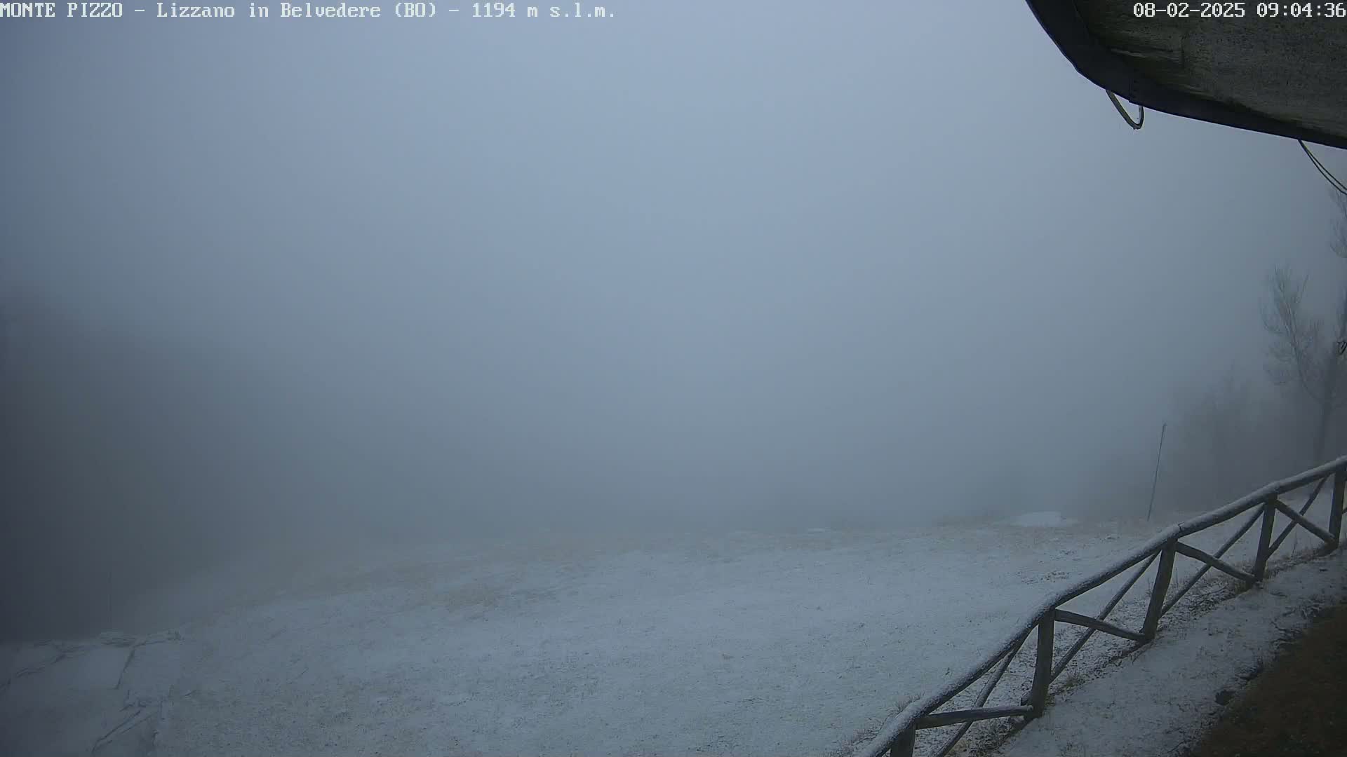 A snow-covered field is visible through a thick fog, with a wooden fence in the foreground.