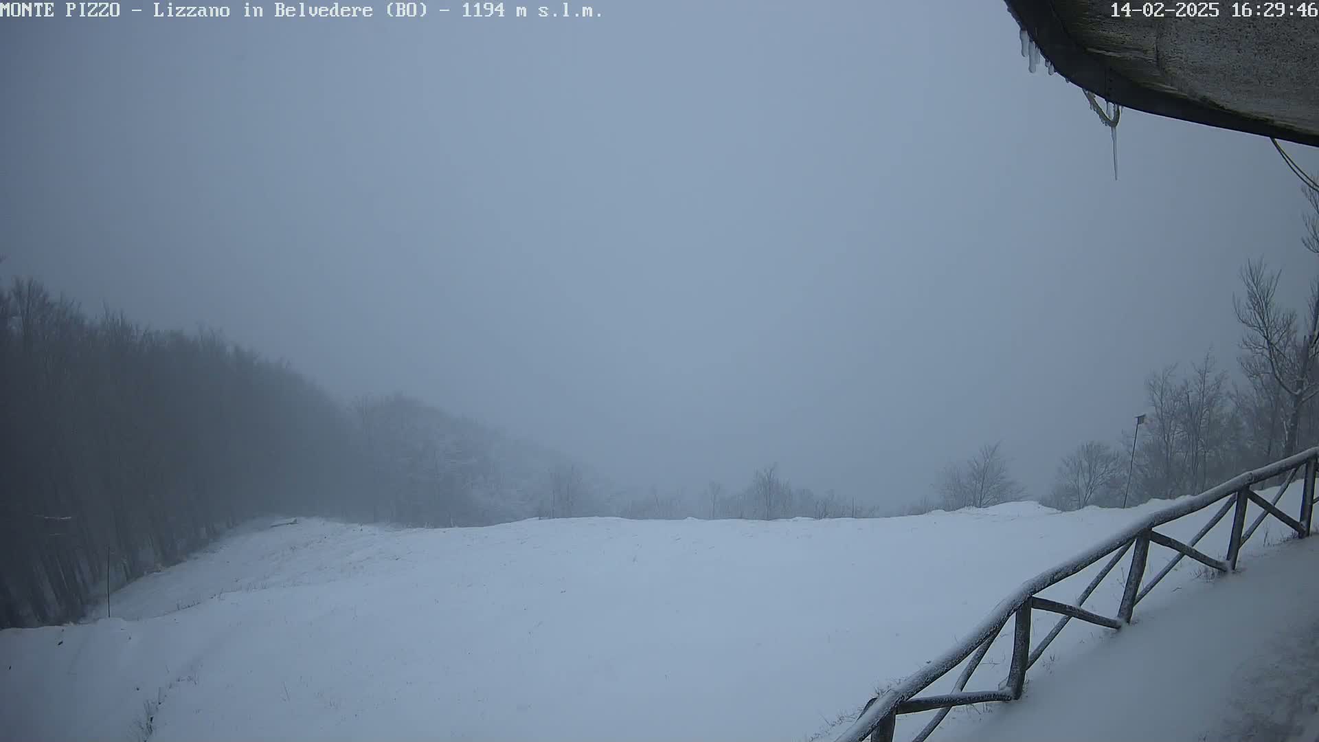 A snow-covered landscape with a wooden fence in the foreground is visible through a dense fog.