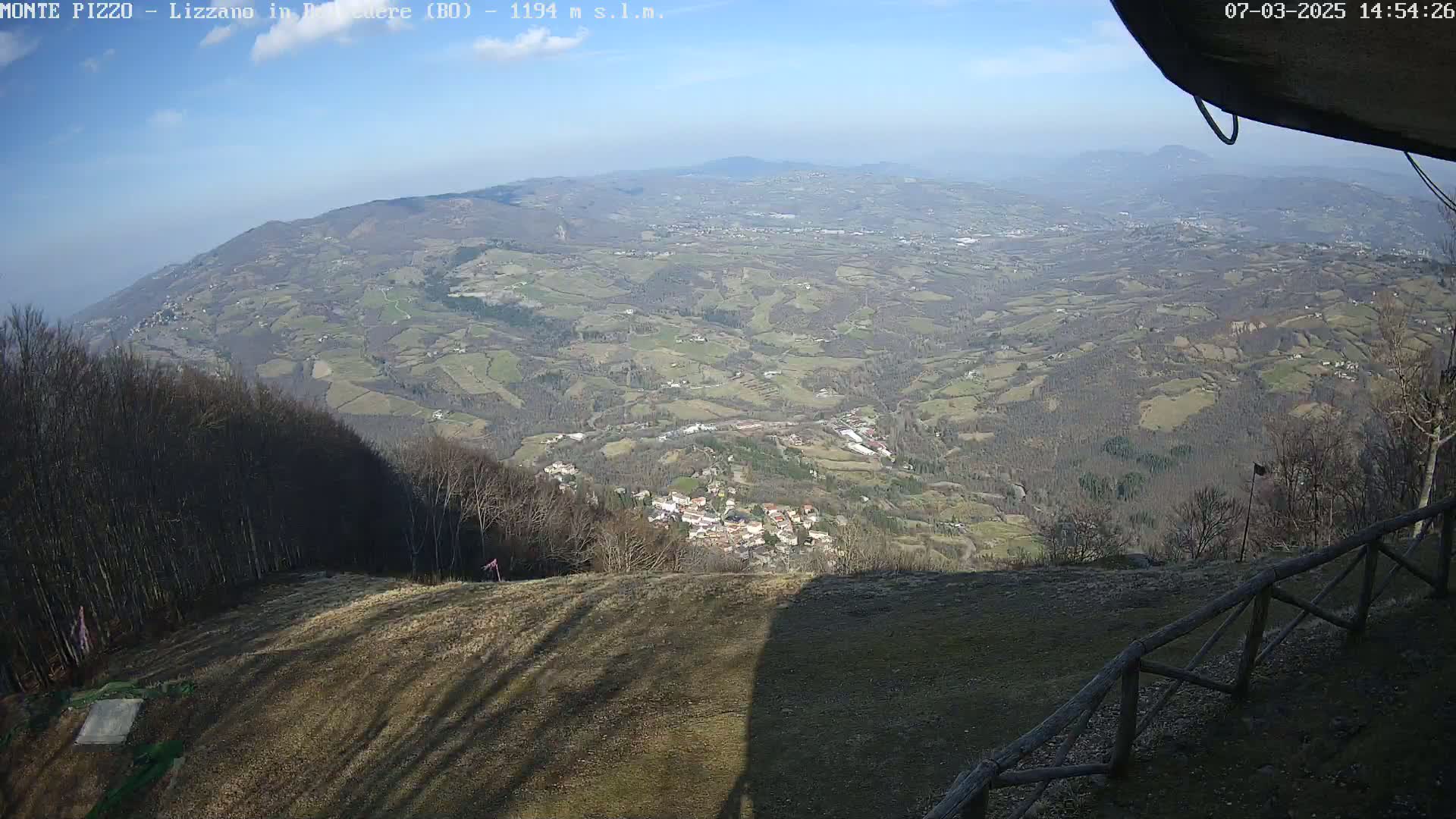 A high-angle, long shot on a clear, sunny day shows a vast expanse of rolling hills and farmland stretching to the horizon, with a village nestled in the valley below and a forest in the foreground.