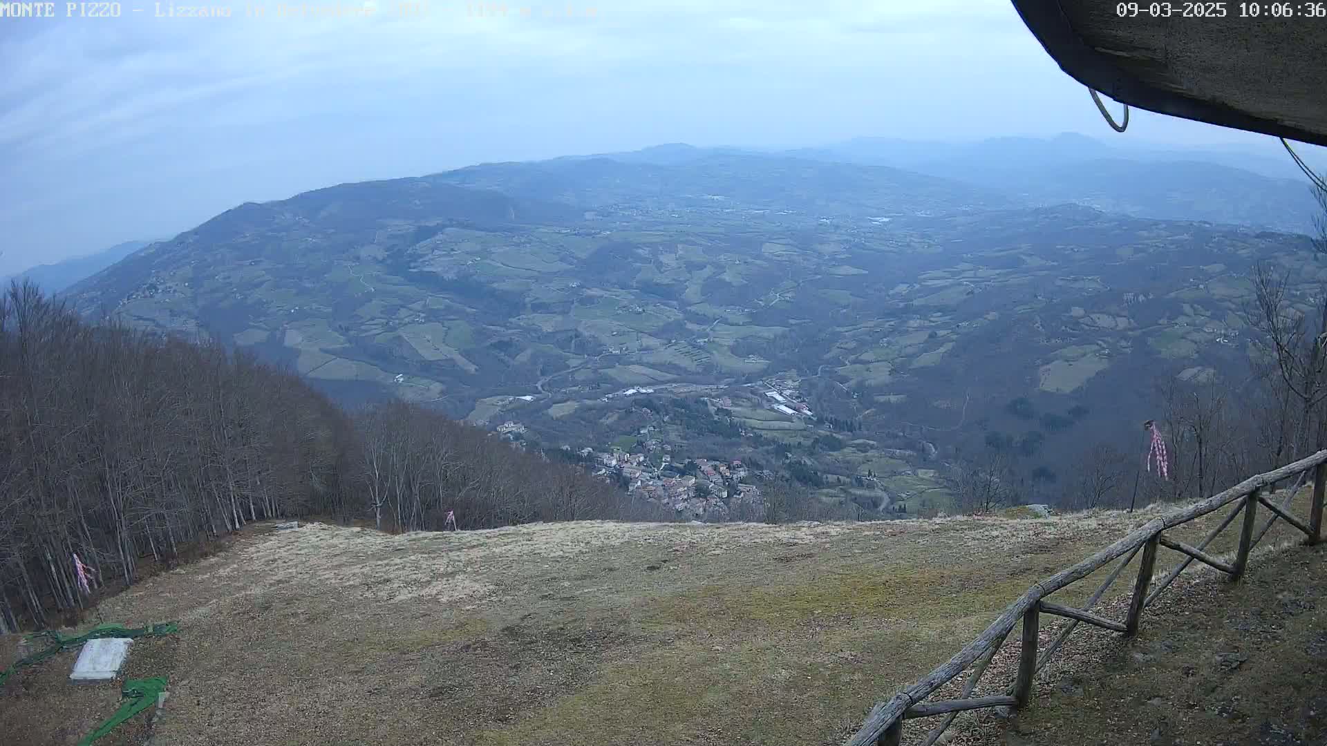 A high-angle view shows a sprawling valley of muted green and brown farmland, a small village nestled within, and a forest in the foreground under a mostly cloudy sky.