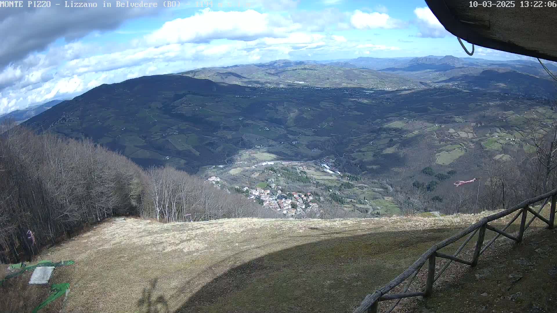 A mostly sunny, expansive view from a mountaintop shows a village nestled in a valley below, surrounded by rolling hills and leafless trees under a partly cloudy sky.