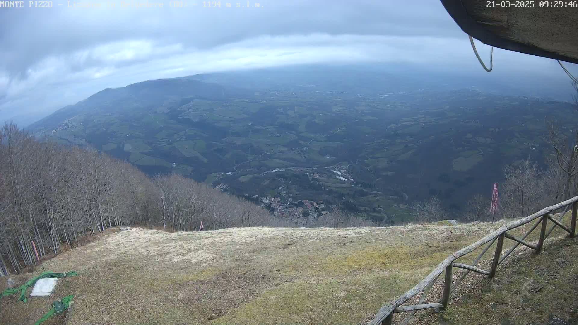 A high-angle view on an overcast day shows a vast valley with a small town nestled within, seen from a mountaintop clearing with bare trees and a wooden fence.