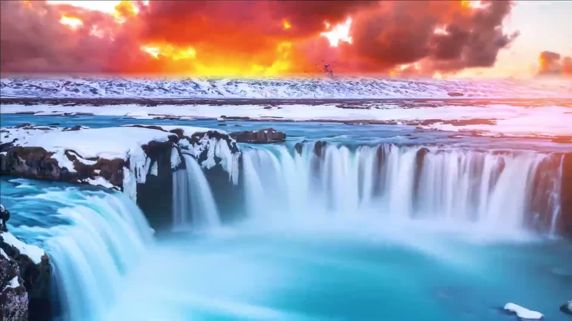 A wide waterfall cascades over snow-covered rocks into a vibrant turquoise pool beneath a dramatic sunset sky.