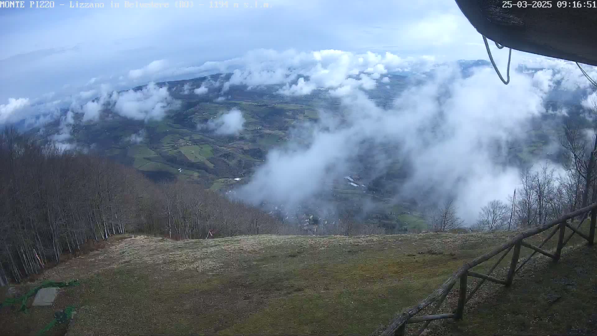 A high-angle view shows a valley partially obscured by clouds, with bare trees lining a grassy hillside in the foreground and a wooden fence partially visible in the bottom right corner.