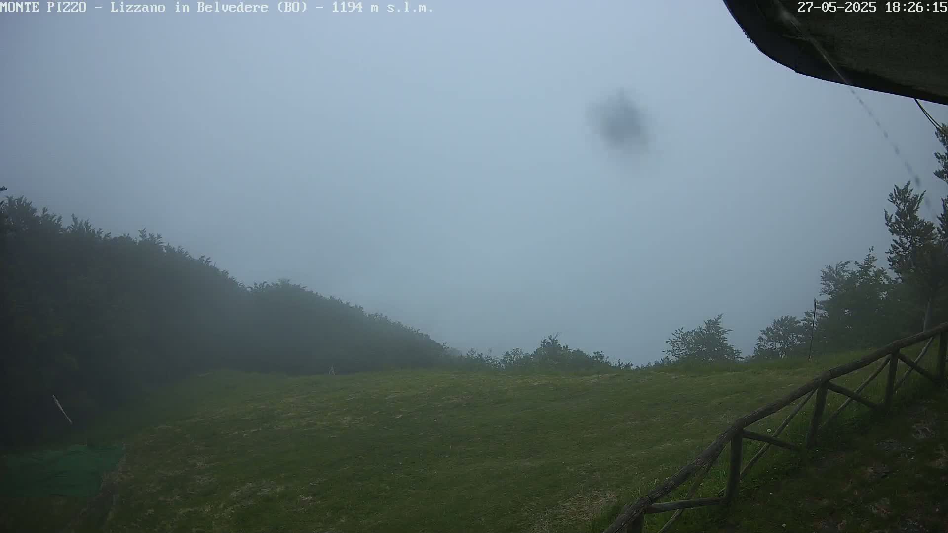 A foggy, slightly rainy scene shows a grassy hilltop with dark green trees in the background, partially obscured by mist, and a wooden fence in the foreground.