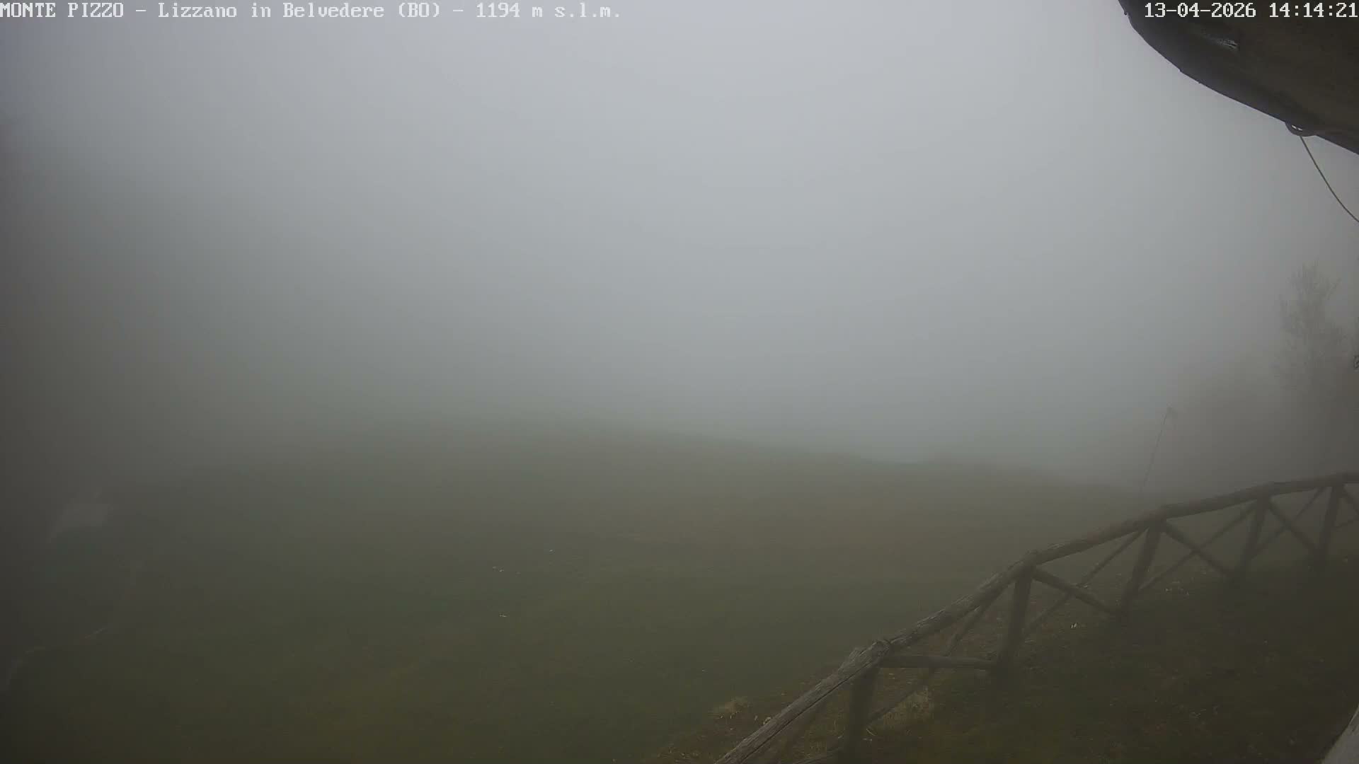 A foggy outdoor landscape features a grassy hillside with a rustic wooden fence in the foreground, while distant bare trees and mountains are heavily obscured by dense mist, resulting in very low visibility.