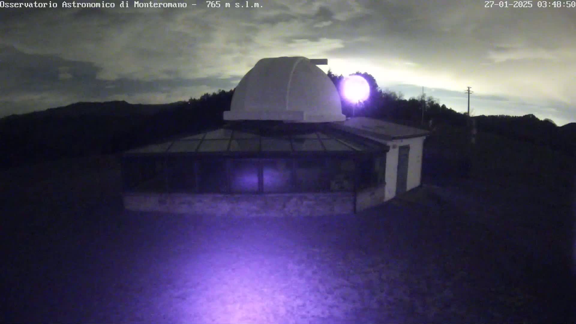 Under a cloudy night sky, a white observatory dome sits atop a low building with a glass-roofed addition.