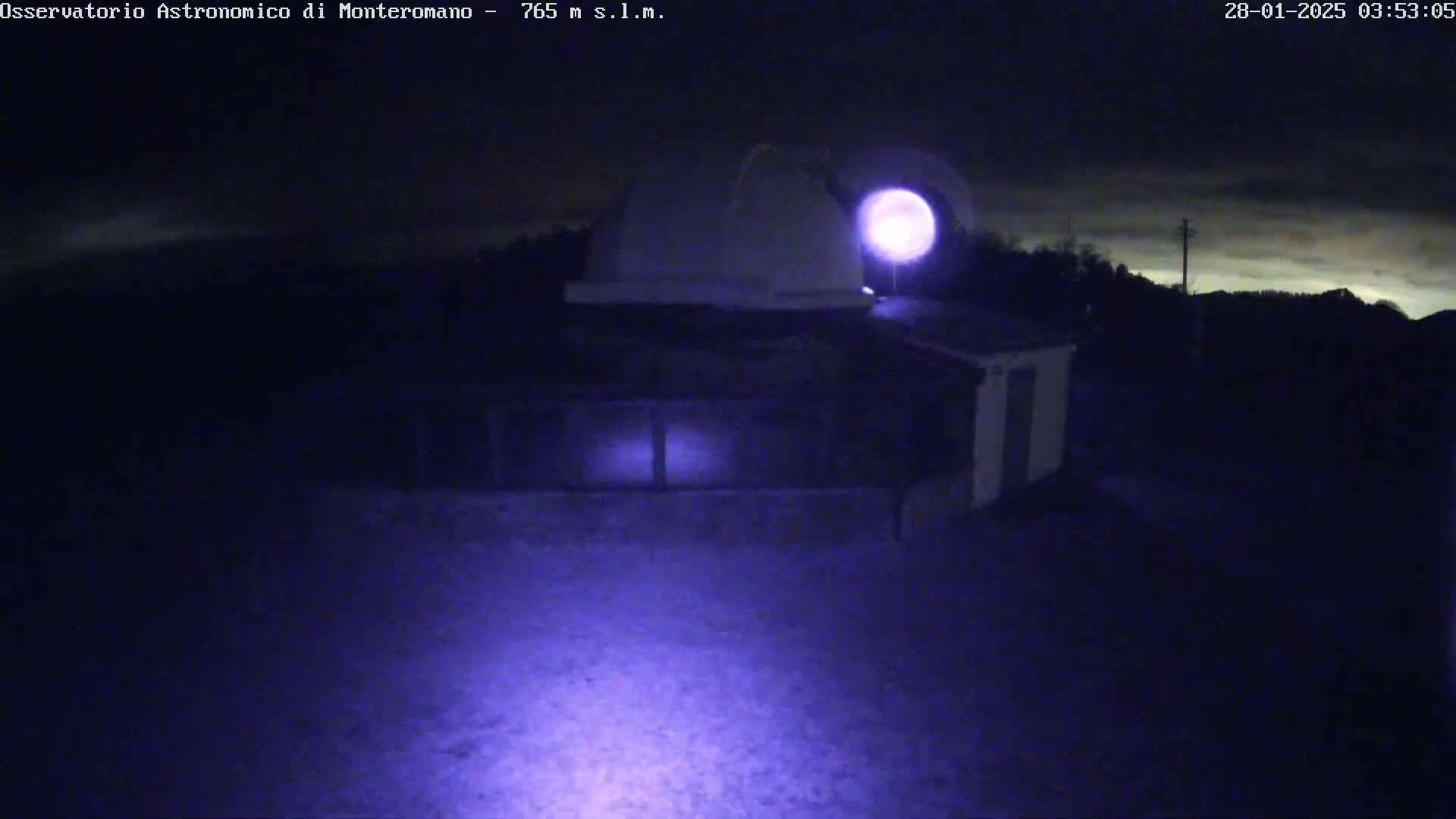 A nighttime view of an astronomical observatory with a dome, under a partly cloudy sky.