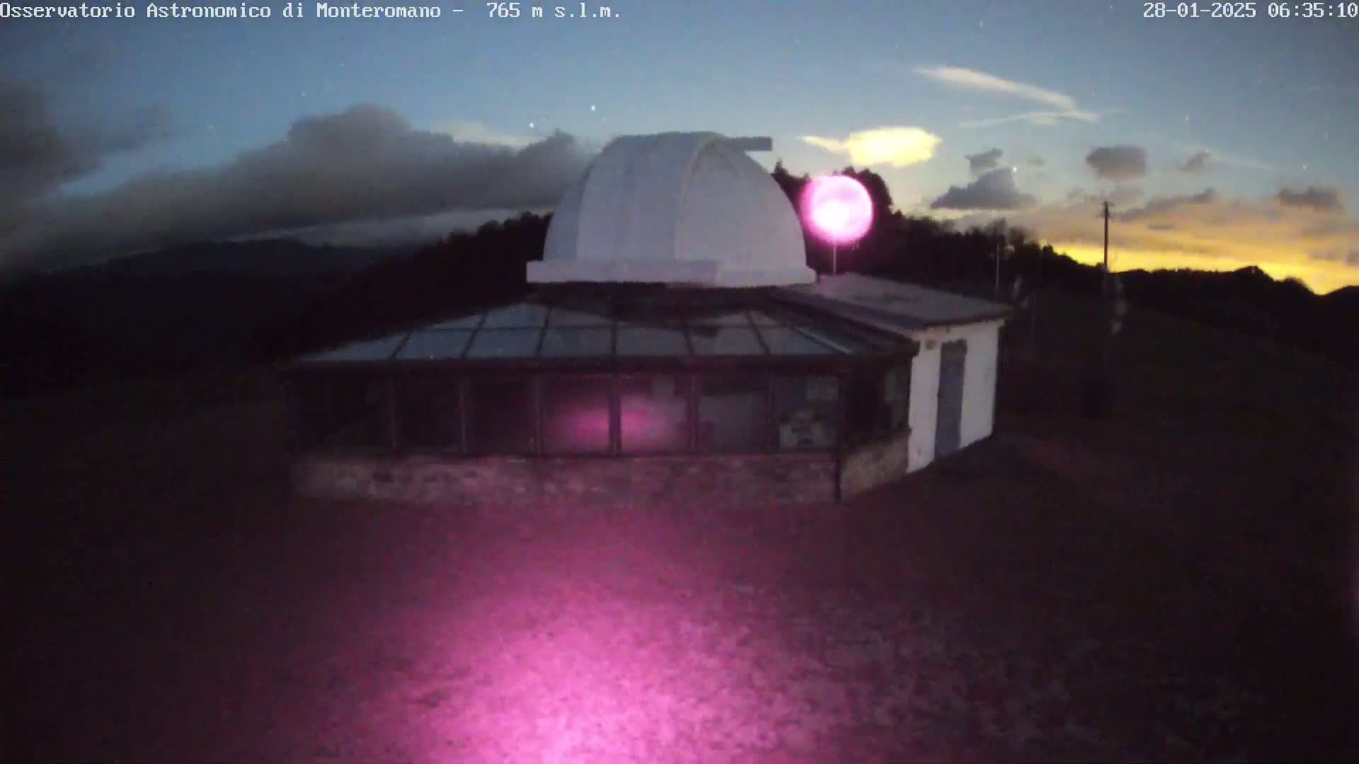 A white observatory dome sits atop a building with glass walls under a twilight sky with some clouds.