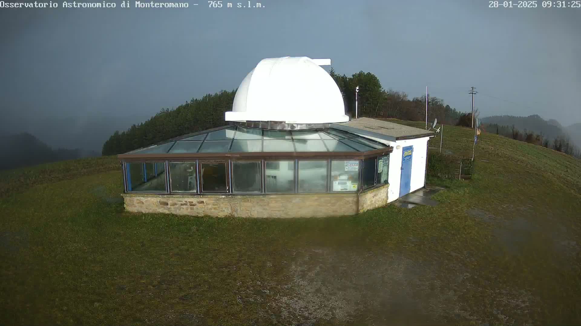 A white-domed observatory building with a glass-roofed addition sits on a grassy hill under an overcast sky.