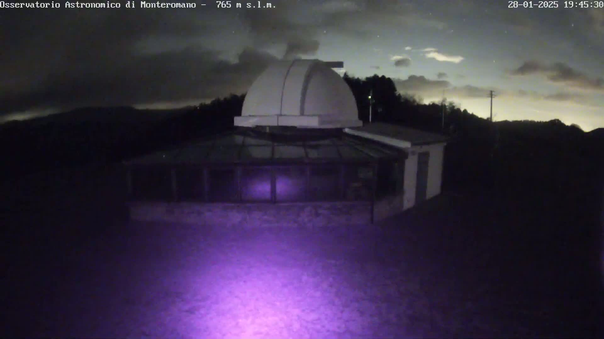 A nighttime view of an observatory with a dome under a partly cloudy sky.