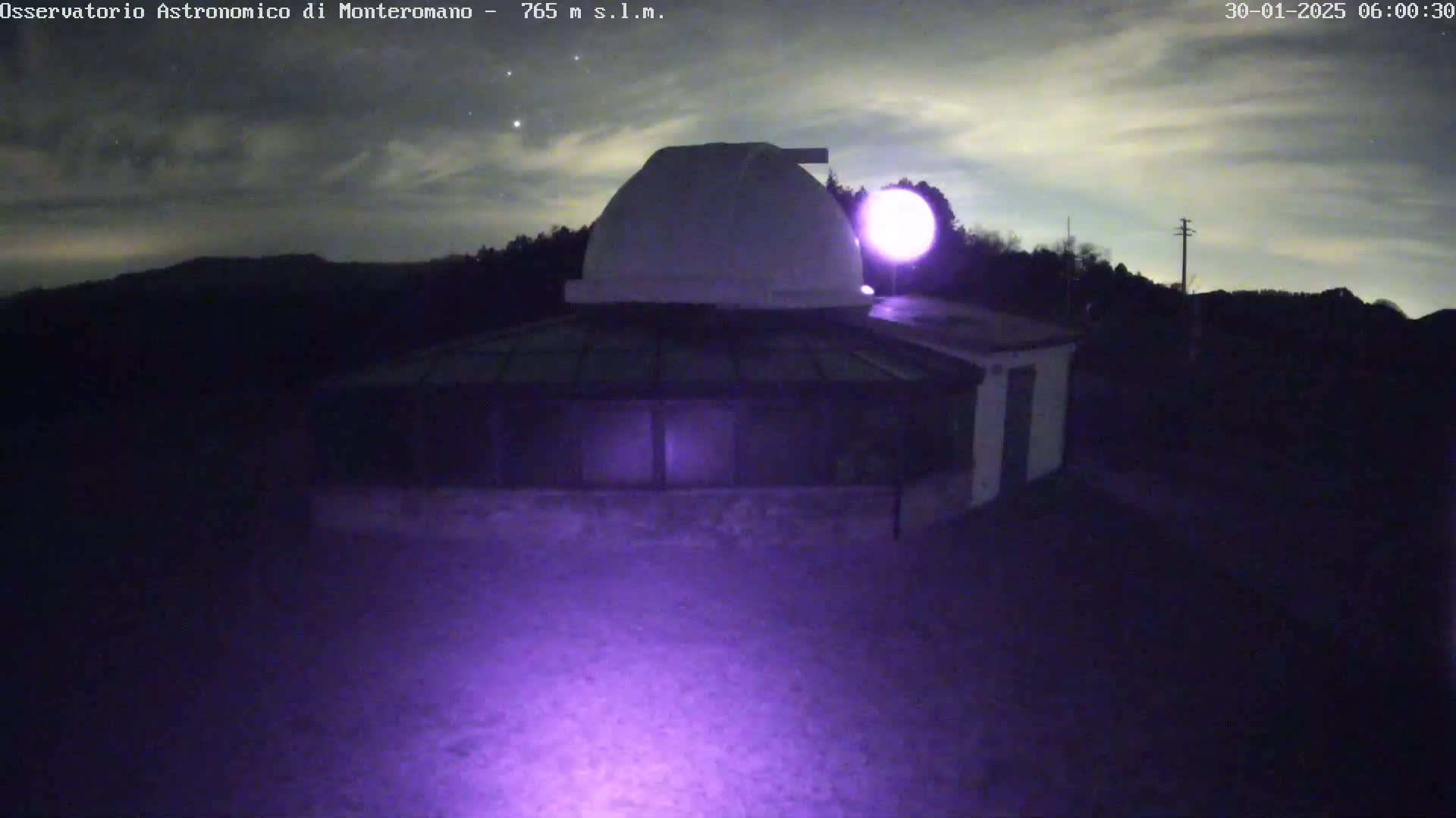 An astronomical observatory with a dome sits on a hill under a partly cloudy night sky.