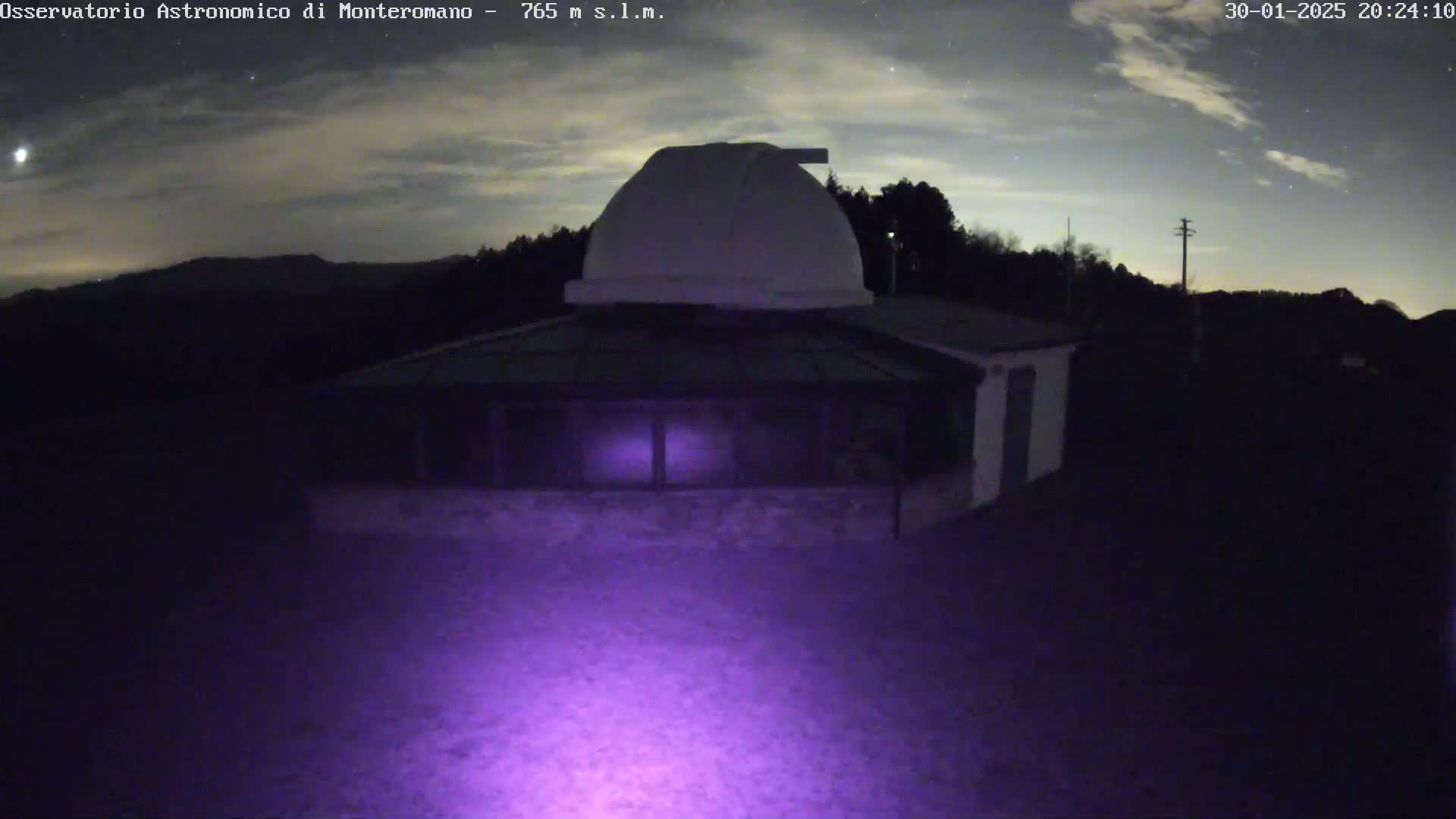 A white observatory dome sits atop a building under a partly cloudy night sky.