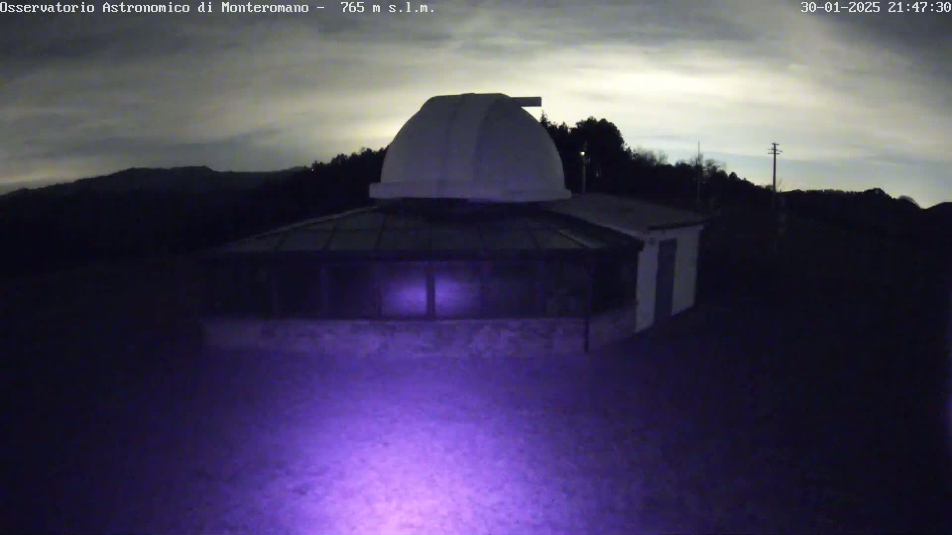 A white dome-shaped observatory building sits under a cloudy night sky.