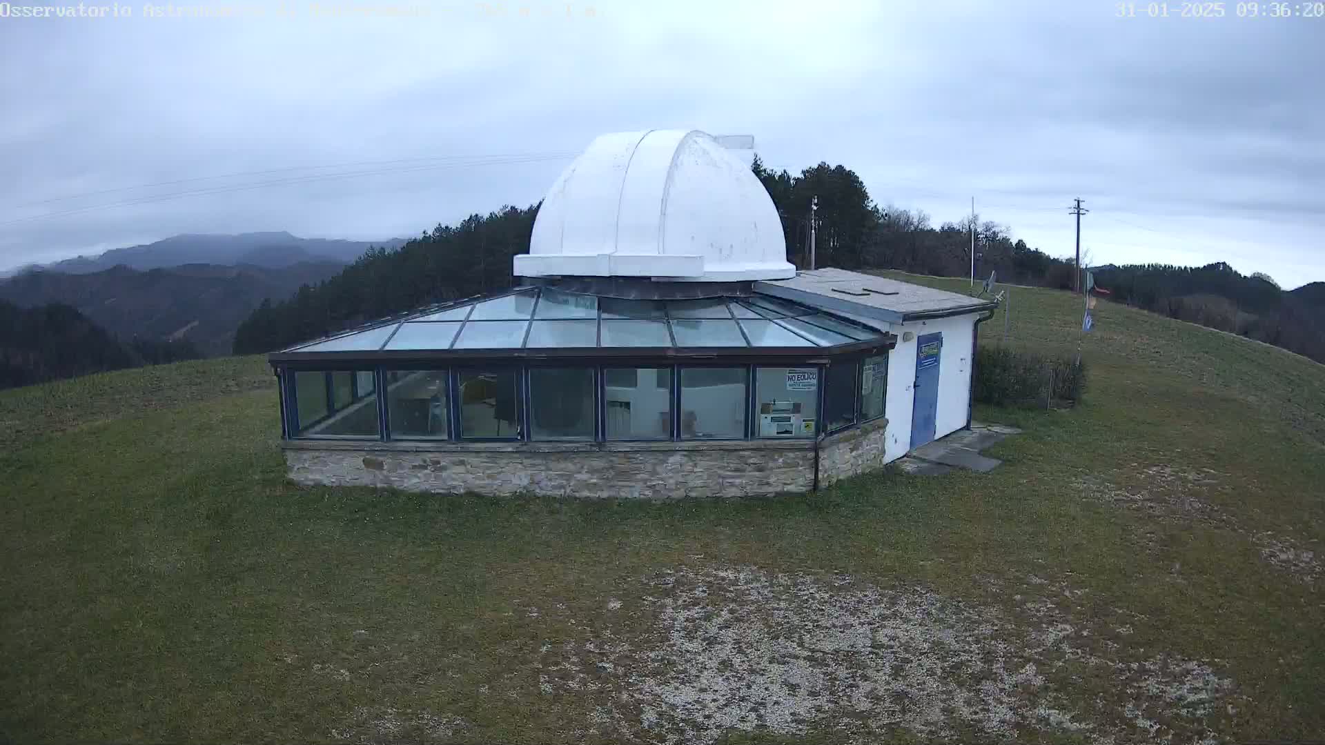 A stone building with a glass sunroom and a white dome on top sits on a grassy hill overlooking a mountain range under an overcast sky.